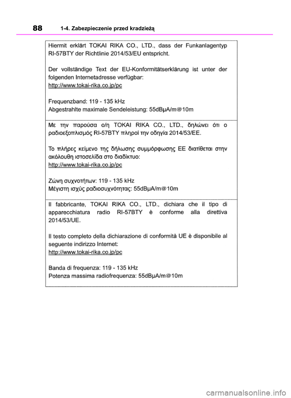 TOYOTA RAV4 2018 Instrukcja obsługi (in Polish) 881-4. Zabezpieczenie przed kradzie˝à
43 RAV4 OM42B34E 19/12/18 12:18 Page 88 TOYOTA RAV4 2018 Instrukcja obsługi (in Polish) 881-4. Zabezpieczenie przed kradzie˝à
43 RAV4 OM42B34E 19/12/18 12:18 Page 88