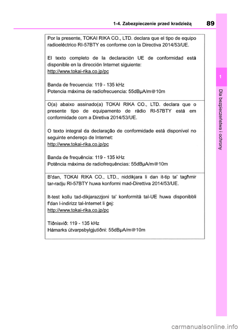 TOYOTA RAV4 2018 Instrukcja obsługi (in Polish) Dla bezpieczeƒstwa i ochrony
1-4. Zabezpieczenie przed kradzie˝à89
1
43 RAV4 OM42B34E 19/12/18 12:18 Page 89 TOYOTA RAV4 2018 Instrukcja obsługi (in Polish) Dla bezpieczeƒstwa i ochrony
1-4. Zabezpieczenie przed kradzie˝à89
1
43 RAV4 OM42B34E 19/12/18 12:18 Page 89
