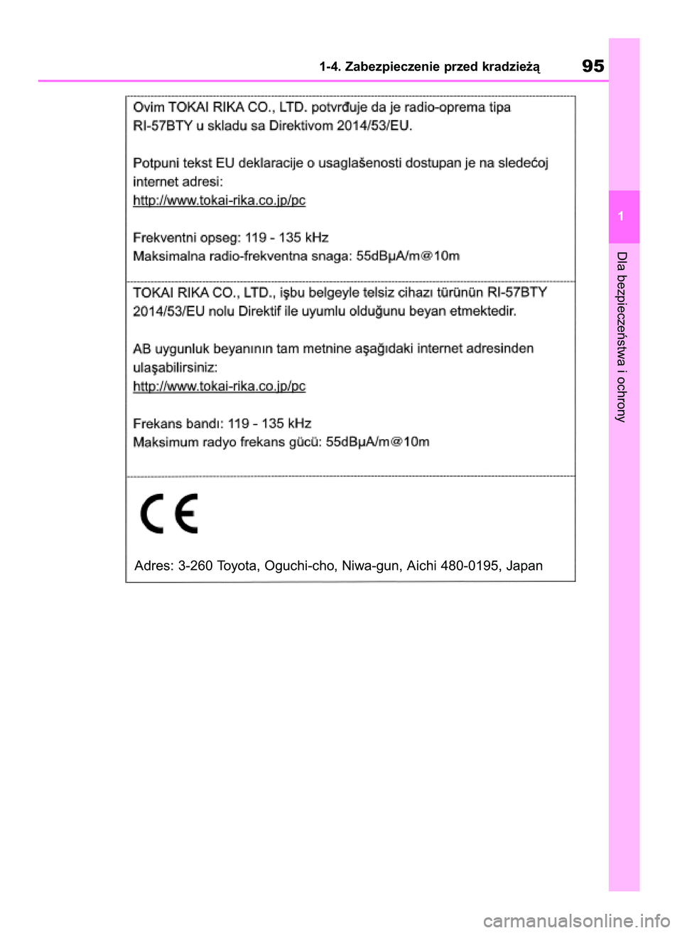 TOYOTA RAV4 2018 Instrukcja obsługi (in Polish) Dla bezpieczeƒstwa i ochrony
1-4. Zabezpieczenie przed kradzie˝à95
1
Adres: 3-260 Toyota, Oguchi-cho, Niwa-gun, Aichi 480-0195, Japan
43 RAV4 OM42B34E 19/12/18 12:18 Page 95 TOYOTA RAV4 2018 Instrukcja obsługi (in Polish) Dla bezpieczeƒstwa i ochrony
1-4. Zabezpieczenie przed kradzie˝à95
1
Adres: 3-260 Toyota, Oguchi-cho, Niwa-gun, Aichi 480-0195, Japan
43 RAV4 OM42B34E 19/12/18 12:18 Page 95