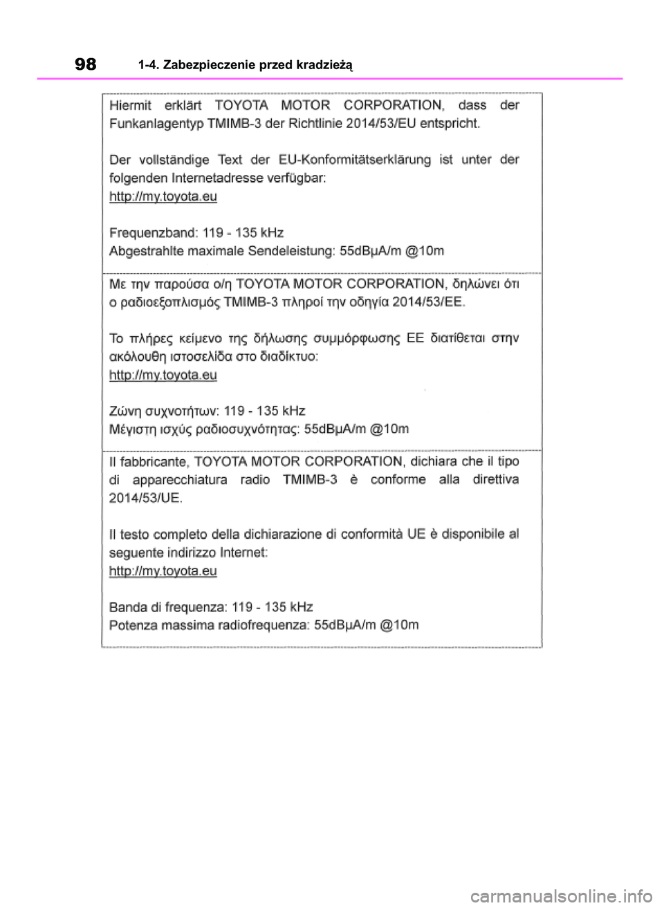 TOYOTA RAV4 2018 Instrukcja obsługi (in Polish) 981-4. Zabezpieczenie przed kradzie˝à
43 RAV4 OM42B34E 19/12/18 12:18 Page 98 TOYOTA RAV4 2018 Instrukcja obsługi (in Polish) 981-4. Zabezpieczenie przed kradzie˝à
43 RAV4 OM42B34E 19/12/18 12:18 Page 98