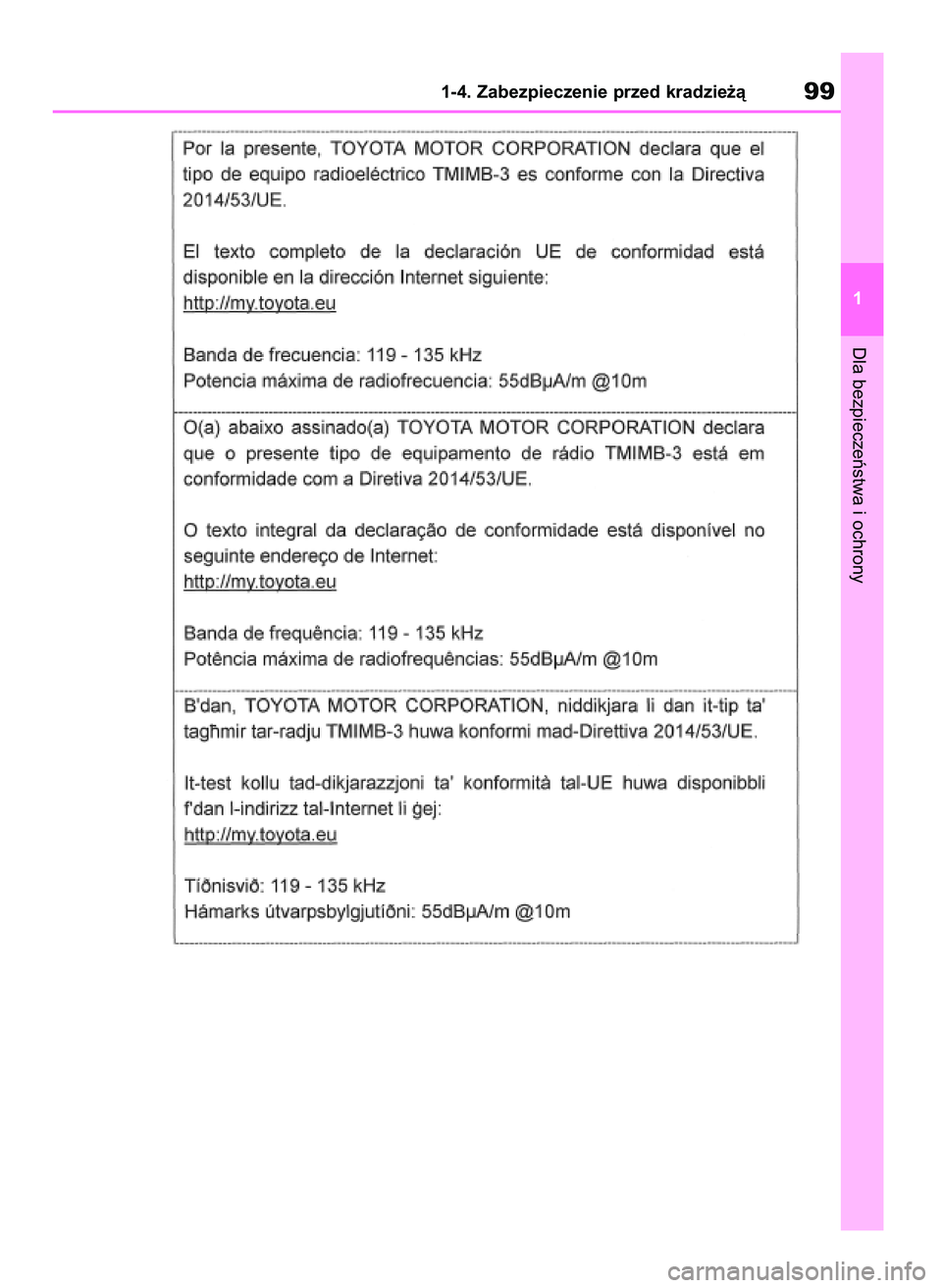 TOYOTA RAV4 2018 Instrukcja obsługi (in Polish) Dla bezpieczeƒstwa i ochrony
1-4. Zabezpieczenie przed kradzie˝à99
1
43 RAV4 OM42B34E 19/12/18 12:18 Page 99 TOYOTA RAV4 2018 Instrukcja obsługi (in Polish) Dla bezpieczeƒstwa i ochrony
1-4. Zabezpieczenie przed kradzie˝à99
1
43 RAV4 OM42B34E 19/12/18 12:18 Page 99