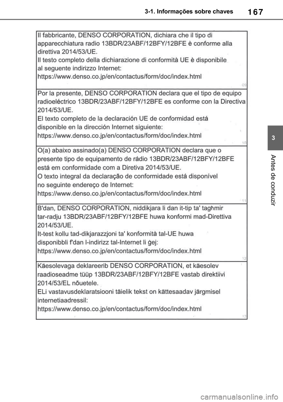 TOYOTA RAV4 2018  Manual de utilização (in Portuguese) 167
� ������,�Q�I�R�U�P�D�o�}�H�V��V�R�E�U�H��F�K�D�Y�H�V
�$�Q�W�H�V��G�H��F�R�Q�G�X�]�L�U 