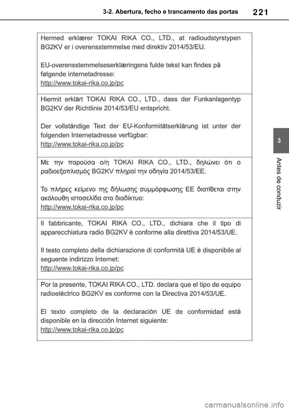 TOYOTA RAV4 2018  Manual de utilização (in Portuguese) 221
� ������$�E�H�U�W�X�U�D���I�H�F�K�R��H��W�U�D�Q�F�D�P�H�Q�W�R��G�D�V��S�R�U�W�D�V
�$�Q�W�H�V��G�H��F�R�Q�G�X�]�L�U 