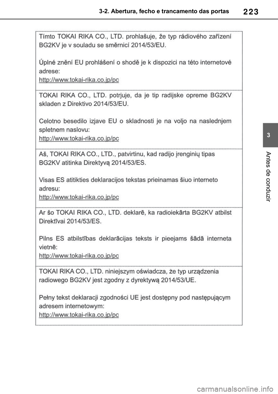 TOYOTA RAV4 2018  Manual de utilização (in Portuguese) 223
� ������$�E�H�U�W�X�U�D���I�H�F�K�R��H��W�U�D�Q�F�D�P�H�Q�W�R��G�D�V��S�R�U�W�D�V
�$�Q�W�H�V��G�H��F�R�Q�G�X�]�L�U 