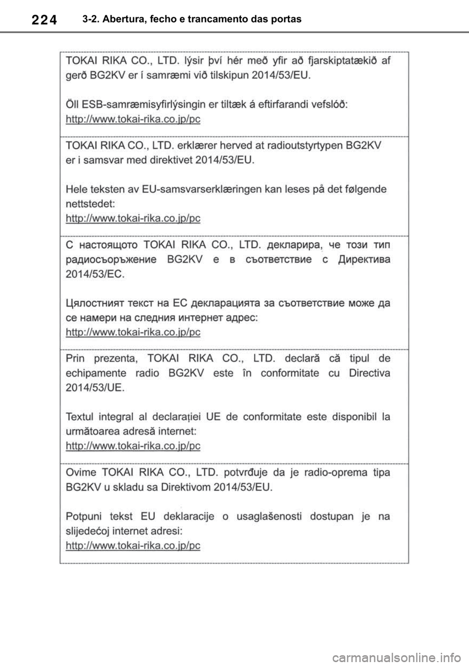 TOYOTA RAV4 2018  Manual de utilização (in Portuguese) 224������$�E�H�U�W�X�U�D���I�H�F�K�R��H��W�U�D�Q�F�D�P�H�Q�W�R��G�D�V��S�R�U�W�D�V 