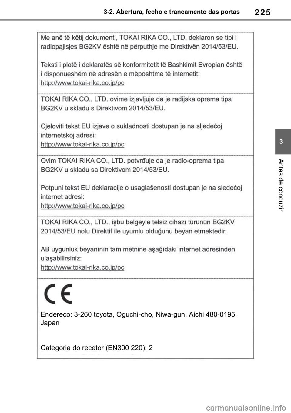 TOYOTA RAV4 2018  Manual de utilização (in Portuguese) 225
� ������$�E�H�U�W�X�U�D���I�H�F�K�R��H��W�U�D�Q�F�D�P�H�Q�W�R��G�D�V��S�R�U�W�D�V
�$�Q�W�H�V��G�H��F�R�Q�G�X�]�L�U
�(�Q�G�H�U�H�o�R���������W�R�\�R�W�D���2�J�X�F�K�L��F�K�