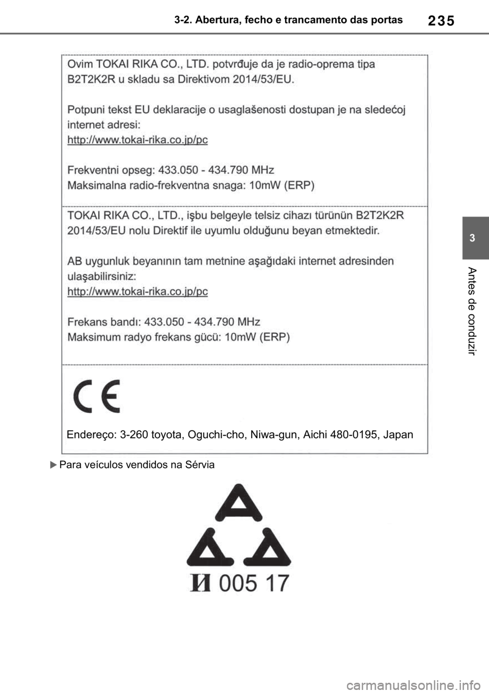 TOYOTA RAV4 2018  Manual de utilização (in Portuguese) 235
� ������$�E�H�U�W�X�U�D���I�H�F�K�R��H��W�U�D�Q�F�D�P�H�Q�W�R��G�D�V��S�R�U�W�D�V
�$�Q�W�H�V��G�H��F�R�Q�G�X�]�L�U
�X�3�D�U�D��Y�H�t�F�X�O�R�V��Y�H�Q�G�L�G�R�V��Q�D��6�p�U�Y�L�D
