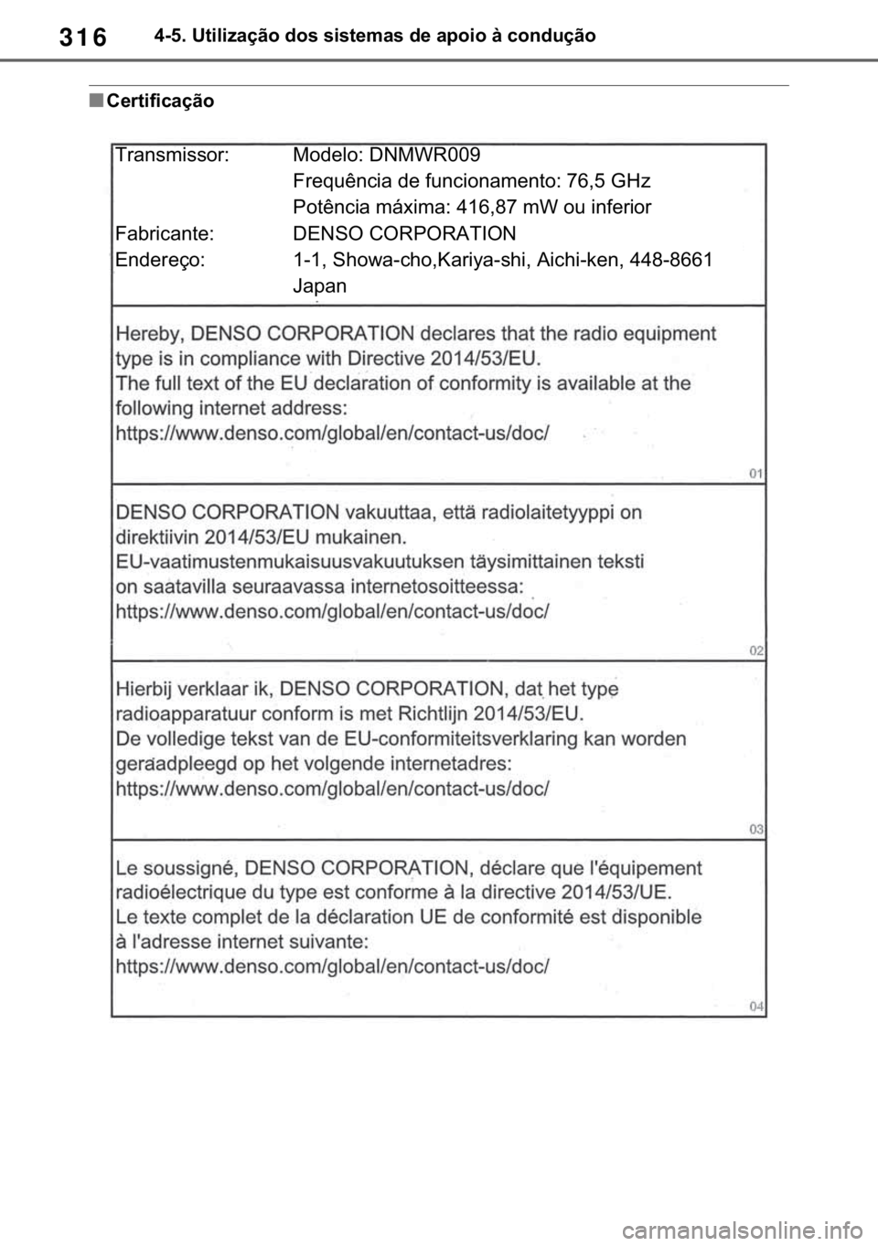 TOYOTA RAV4 2018  Manual de utilização (in Portuguese) 316������8�W�L�O�L�]�D�o�m�R��G�R�V��V�L�V�W�H�P�D�V��G�H��D�S�R�L�R��j��F�R�Q�G�X�o�m�R
■�&�H�U�W�L�I�L�F�D�o�m�R
�7�U�D�Q�V�P�L�V�V�R�U� �0�R�G�H�O�R����1�0�:�5���
�)�U�H�T�X�r�Q