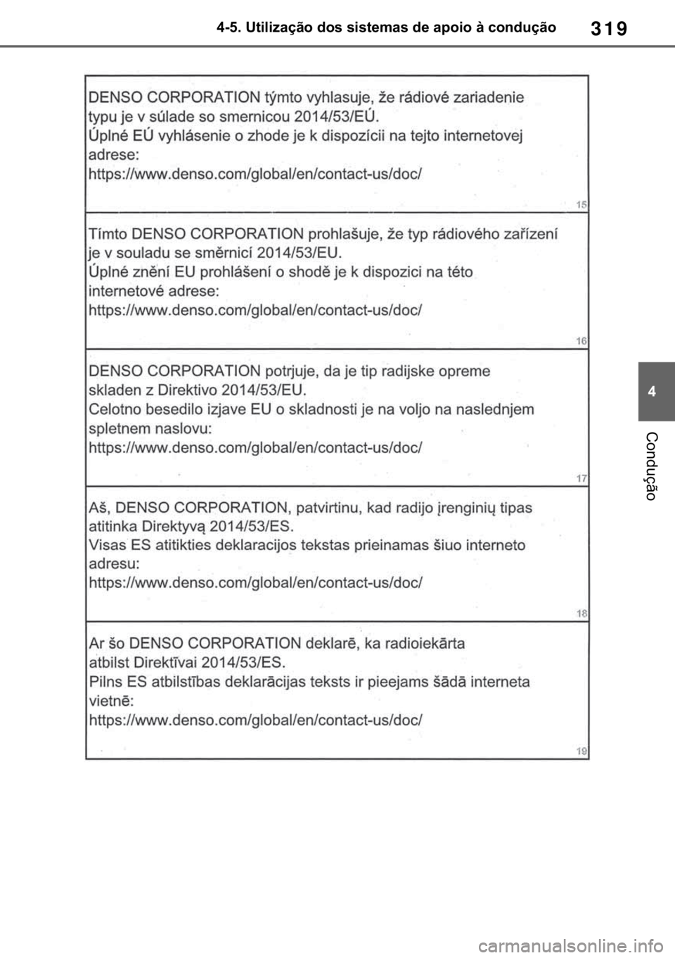 TOYOTA RAV4 2018  Manual de utilização (in Portuguese) 319
� ������8�W�L�O�L�]�D�o�m�R��G�R�V��V�L�V�W�H�P�D�V��G�H��D�S�R�L�R��j��F�R�Q�G�X�o�m�R
�&�R�Q�G�X�o�m�R 