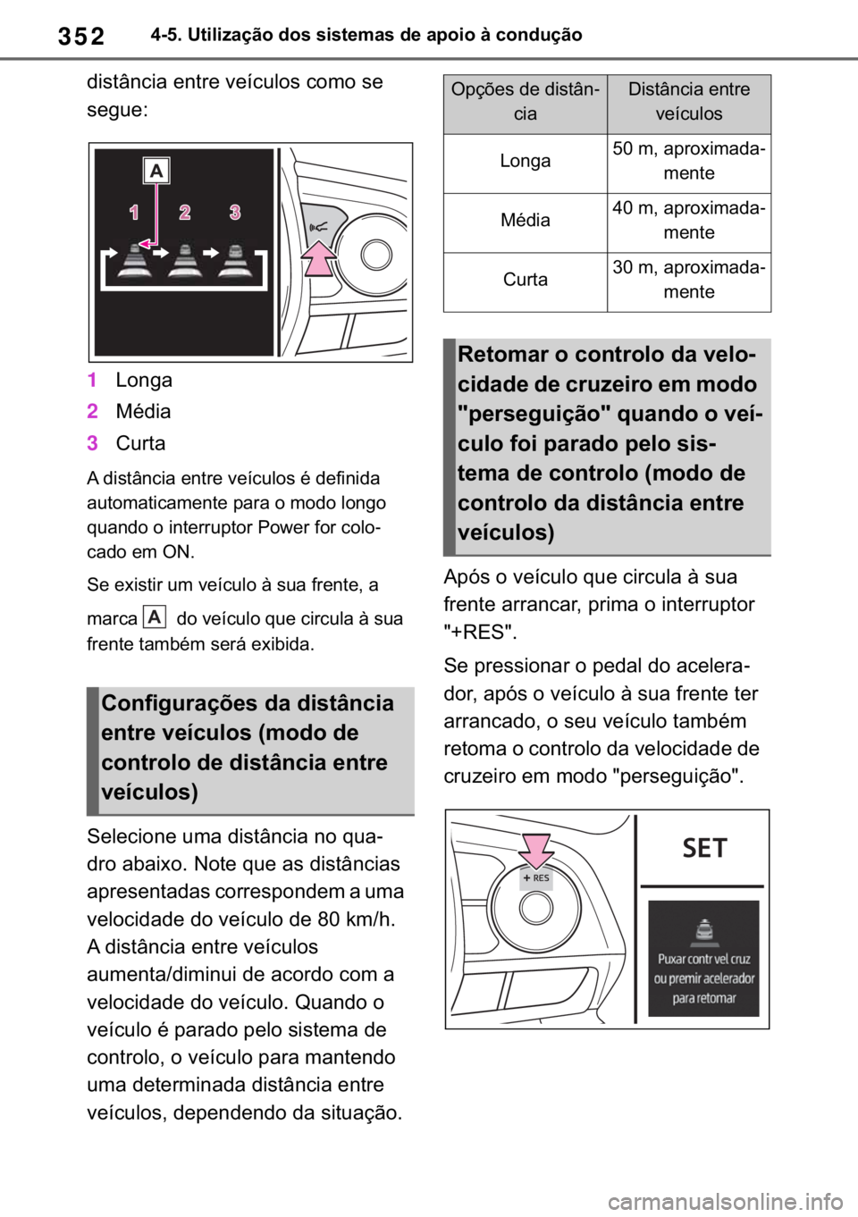TOYOTA RAV4 2018  Manual de utilização (in Portuguese) 352������8�W�L�O�L�]�D�o�m�R��G�R�V��V�L�V�W�H�P�D�V��G�H��D�S�R�L�R��j��F�R�Q�G�X�o�m�R
�G�L�V�W�k�Q�F�L�D��H�Q�W�U�H��Y�H�t�F�X�O�R�V��F�R�P�R��V�H�
�V�H�J�X�H�
1�/�R�Q�J�D
2�0�p�G�