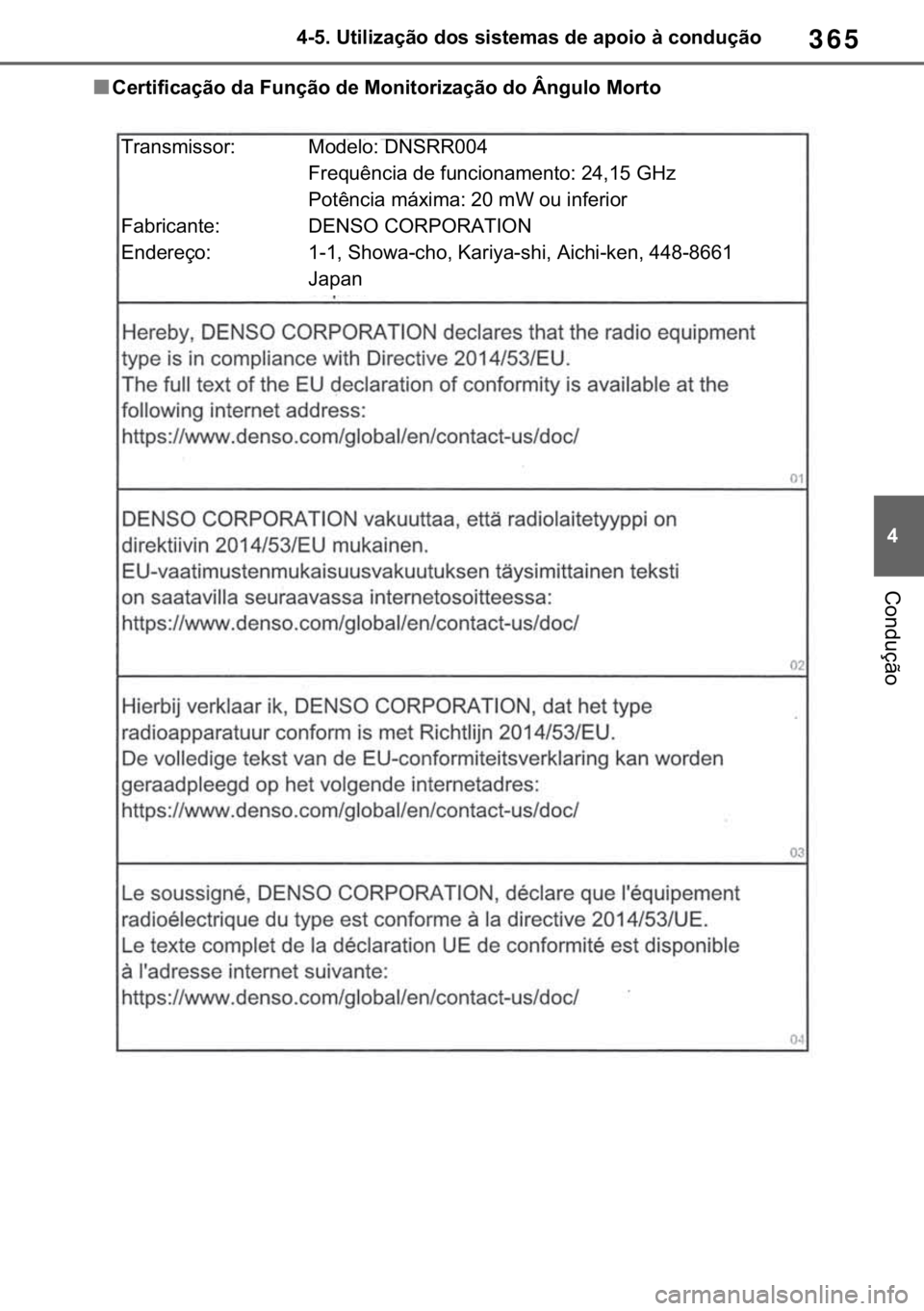 TOYOTA RAV4 2018  Manual de utilização (in Portuguese) 365
� ������8�W�L�O�L�]�D�o�m�R��G�R�V��V�L�V�W�H�P�D�V��G�H��D�S�R�L�R��j��F�R�Q�G�X�o�m�R
�&�R�Q�G�X�o�m�R
■<0026004800550057004c0049004c00460044006f006d0052000300470044000300290058005