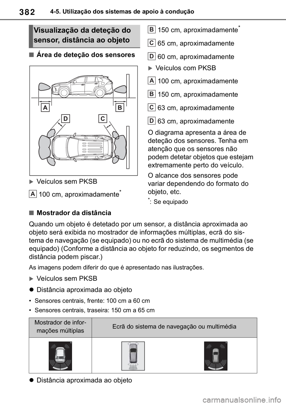 TOYOTA RAV4 2018  Manual de utilização (in Portuguese) 382������8�W�L�O�L�]�D�o�m�R��G�R�V��V�L�V�W�H�P�D�V��G�H��D�S�R�L�R��j��F�R�Q�G�X�o�m�R
■�È�U�H�D��G�H��G�H�W�H�o�m�R��G�R�V��V�H�Q�V�R�U�H�V
�X�9�H�t�F�X�O�R�V��V�H�P��3�.�6�%
�