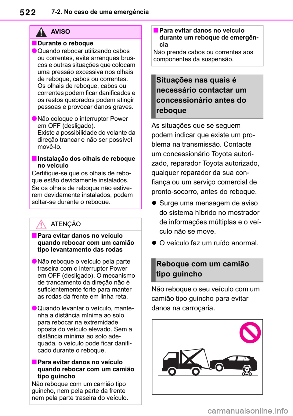 TOYOTA RAV4 2018  Manual de utilização (in Portuguese) 522������1�R��F�D�V�R��G�H��X�P�D��H�P�H�U�J�r�Q�F�L�D
�$�V��V�L�W�X�D�o�}�H�V��T�X�H��V�H��V�H�J�X�H�P�
�S�R�G�H�P��L�Q�G�L�F�D�U��T�X�H��H�[�L�V�W�H��X�P��S�U�R-
�E�O�H�P�D��Q�D�