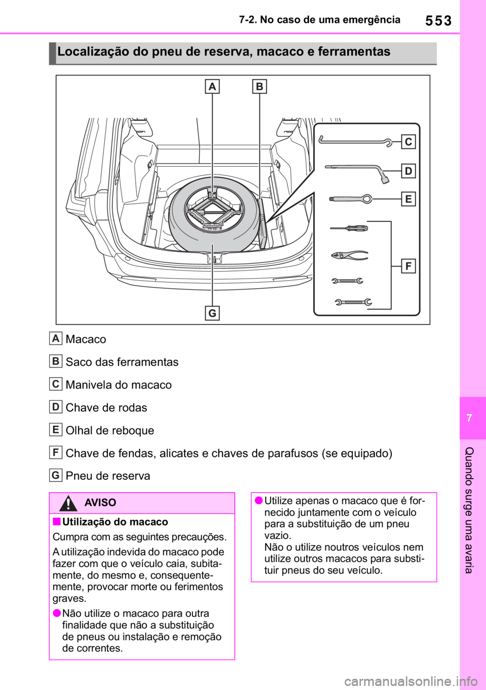 TOYOTA RAV4 2018  Manual de utilização (in Portuguese) 553
� ������1�R��F�D�V�R��G�H��X�P�D��H�P�H�U�J�r�Q�F�L�D
�4�X�D�Q�G�R��V�X�U�J�H��X�P�D��D�Y�D�U�L�D
�0�D�F�D�F�R
�6�D�F�R��G�D�V��I�H�U�U�D�P�H�Q�W�D�V
�0�D�Q�L�Y�H�O�D��G�R��P�D�F�