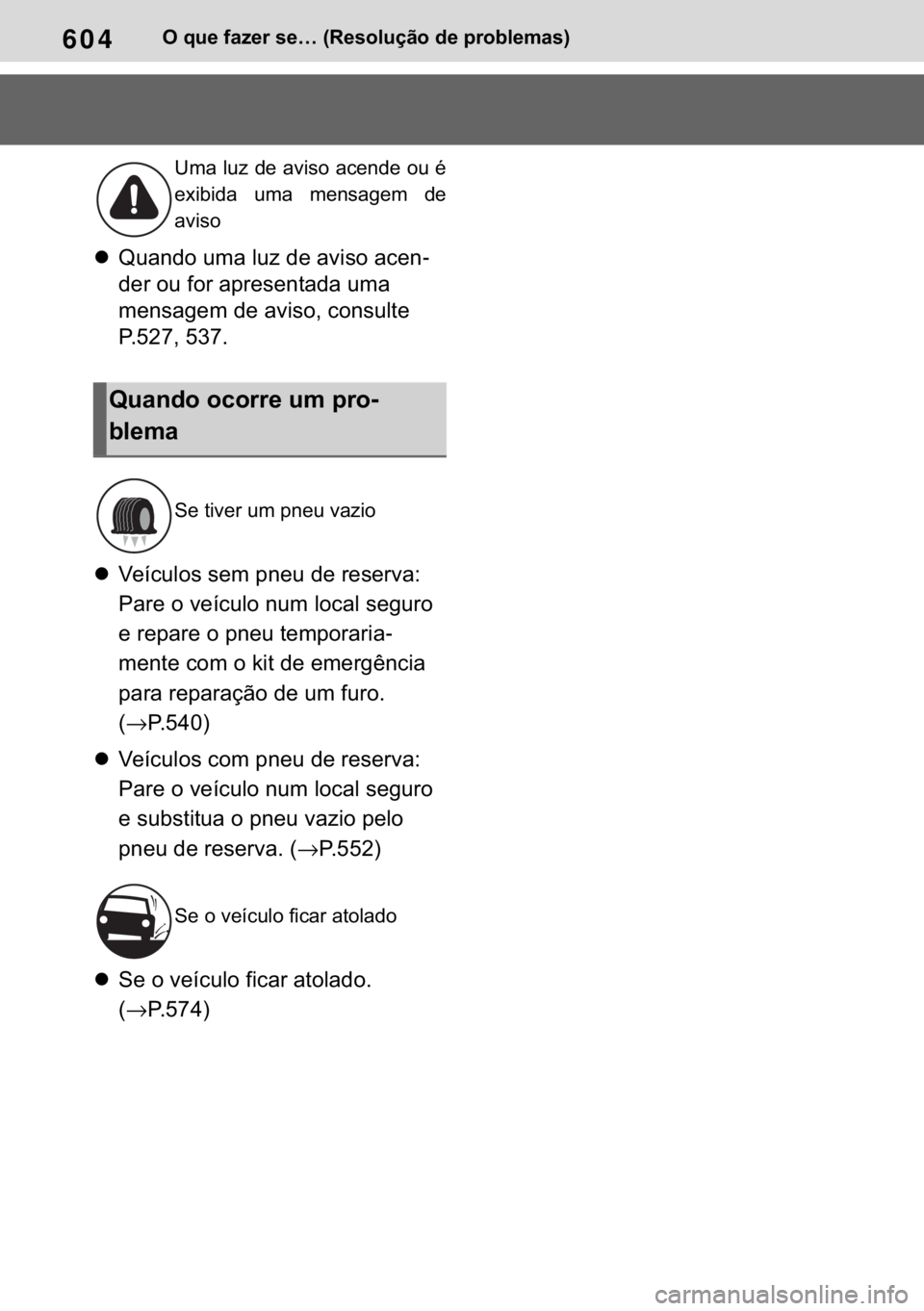 TOYOTA RAV4 2018  Manual de utilização (in Portuguese) 604�2��T�X�H��I�D�]�H�U��V�H�«���5�H�V�R�O�X�o�m�R��G�H��S�U�R�E�O�H�P�D�V�
�z�4�X�D�Q�G�R��X�P�D��O�X�]��G�H��D�Y�L�V�R��D�F�H�Q-
�G�H�U��R�X��I�R�U��D�S�U�H�V�H�Q�W�D�G�D��X�P�D�
