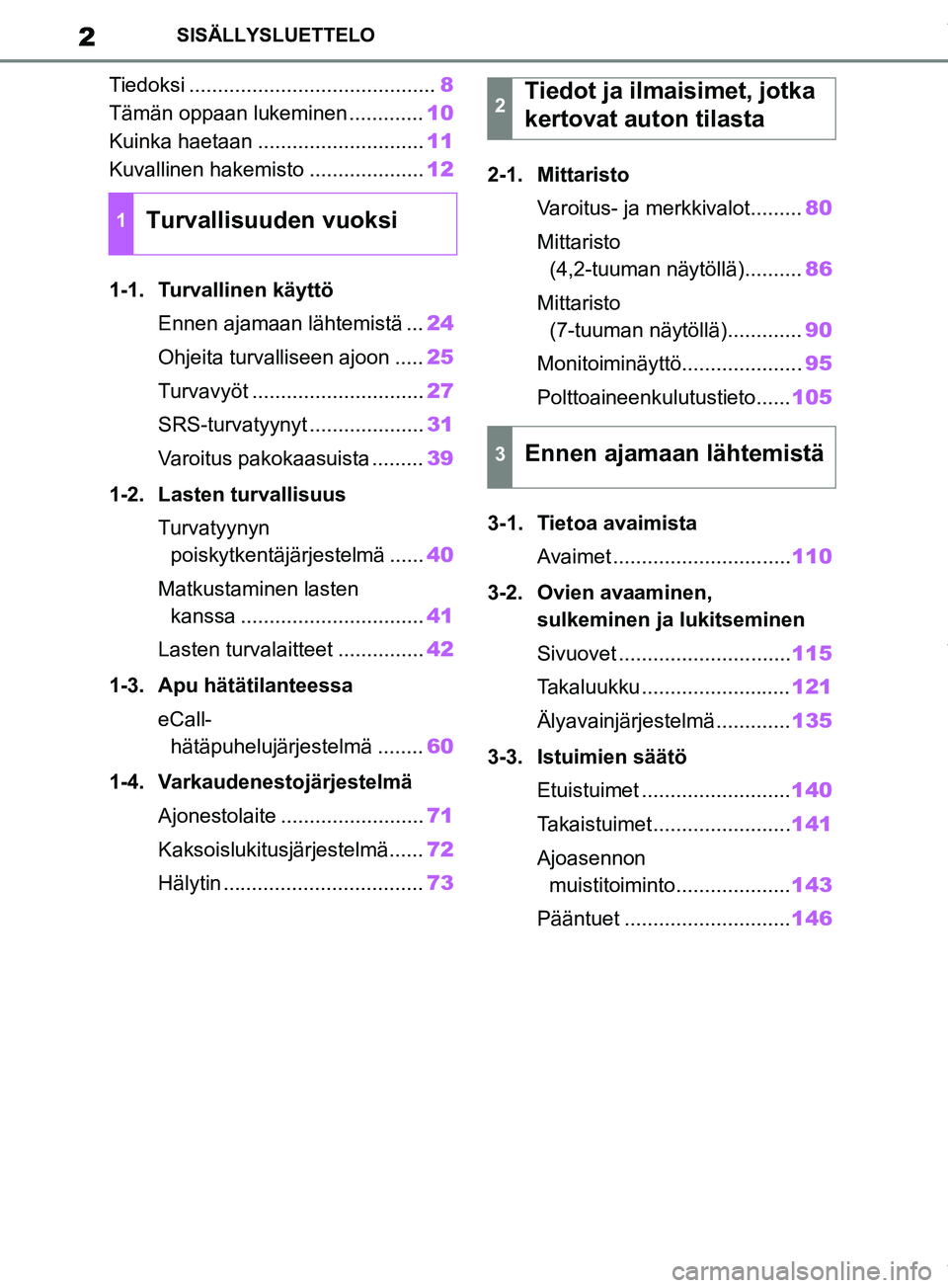 TOYOTA RAV4 2018 Omistajan Käsikirja (in Finnish) 2SISÄLLYSLUETTELO
Tiedoksi ...........................................8
Tämän oppaan lukeminen ............. 10
Kuinka haetaan ............................. 11
Kuvallinen hakemisto ................ TOYOTA RAV4 2018 Omistajan Käsikirja (in Finnish) 2SISÄLLYSLUETTELO
Tiedoksi ...........................................8
Tämän oppaan lukeminen ............. 10
Kuinka haetaan ............................. 11
Kuvallinen hakemisto ................