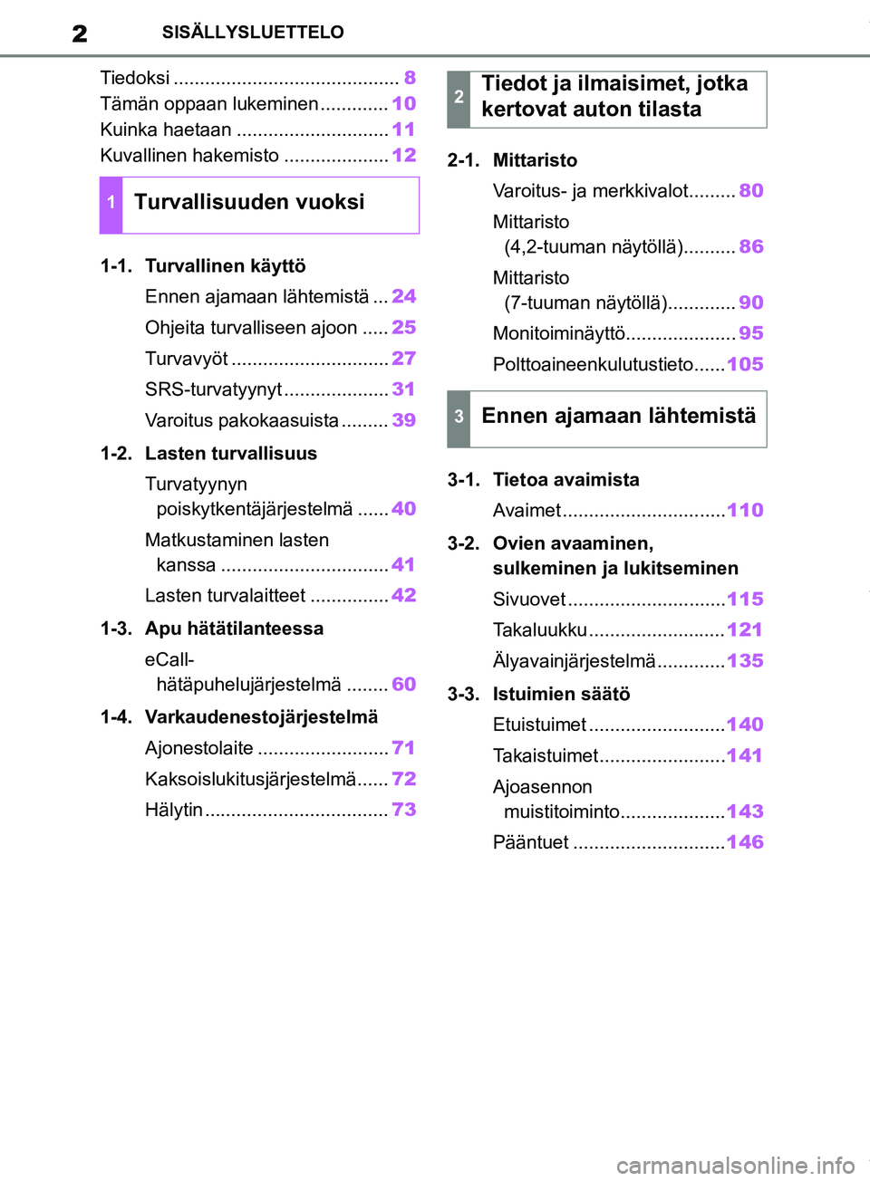 TOYOTA RAV4 2018  Omistajan Käsikirja (in Finnish) 2SISÄLLYSLUETTELO
Tiedoksi ...........................................8
Tämän oppaan lukeminen ............. 10
Kuinka haetaan ............................. 11
Kuvallinen hakemisto ................