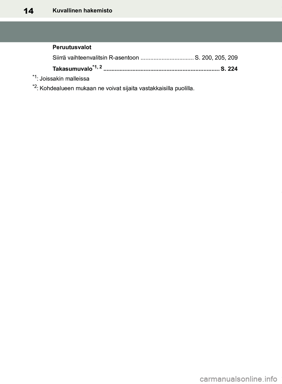 TOYOTA RAV4 2018 Omistajan Käsikirja (in Finnish) 14Kuvallinen hakemisto
Peruutusvalot
Siirrä vaihteenvalitsin R-asentoon ................................. S. 200, 205, 209
Takasumuvalo
*1, 2.......................................................... TOYOTA RAV4 2018 Omistajan Käsikirja (in Finnish) 14Kuvallinen hakemisto
Peruutusvalot
Siirrä vaihteenvalitsin R-asentoon ................................. S. 200, 205, 209
Takasumuvalo
*1, 2..........................................................