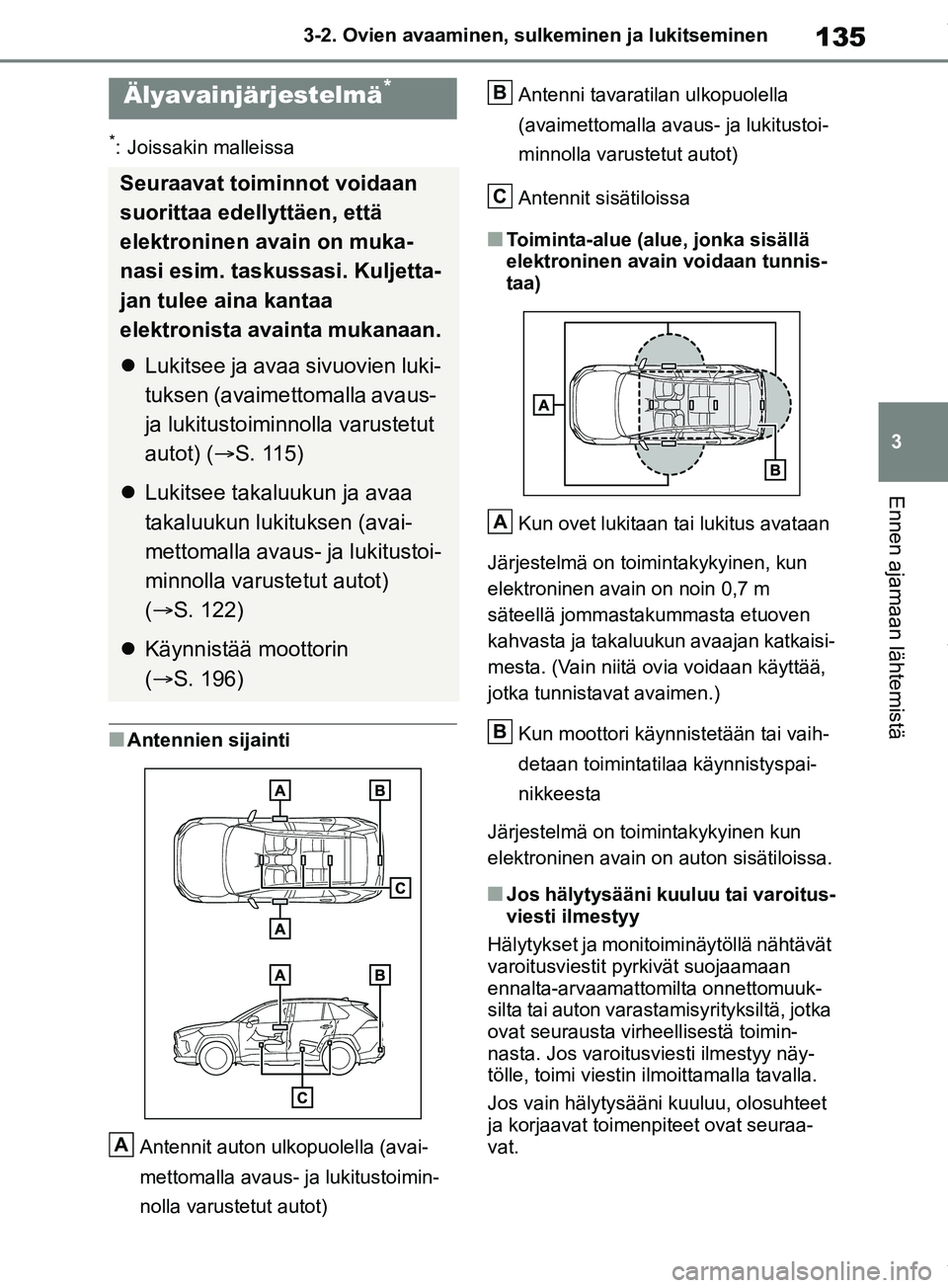 TOYOTA RAV4 2018 Omistajan Käsikirja (in Finnish) 135
3
3-2. Ovien avaaminen, sulk
eminen ja lukitseminen
Ennen ajamaan lähtemistä
*: Joissakin malleissa
nAntennien sijainti
Antennit auton ulkopuolella (avai-
mettomalla avaus- ja lukitustoimin-
nol TOYOTA RAV4 2018 Omistajan Käsikirja (in Finnish) 135
3
3-2. Ovien avaaminen, sulk
eminen ja lukitseminen
Ennen ajamaan lähtemistä
*: Joissakin malleissa
nAntennien sijainti
Antennit auton ulkopuolella (avai-
mettomalla avaus- ja lukitustoimin-
nol