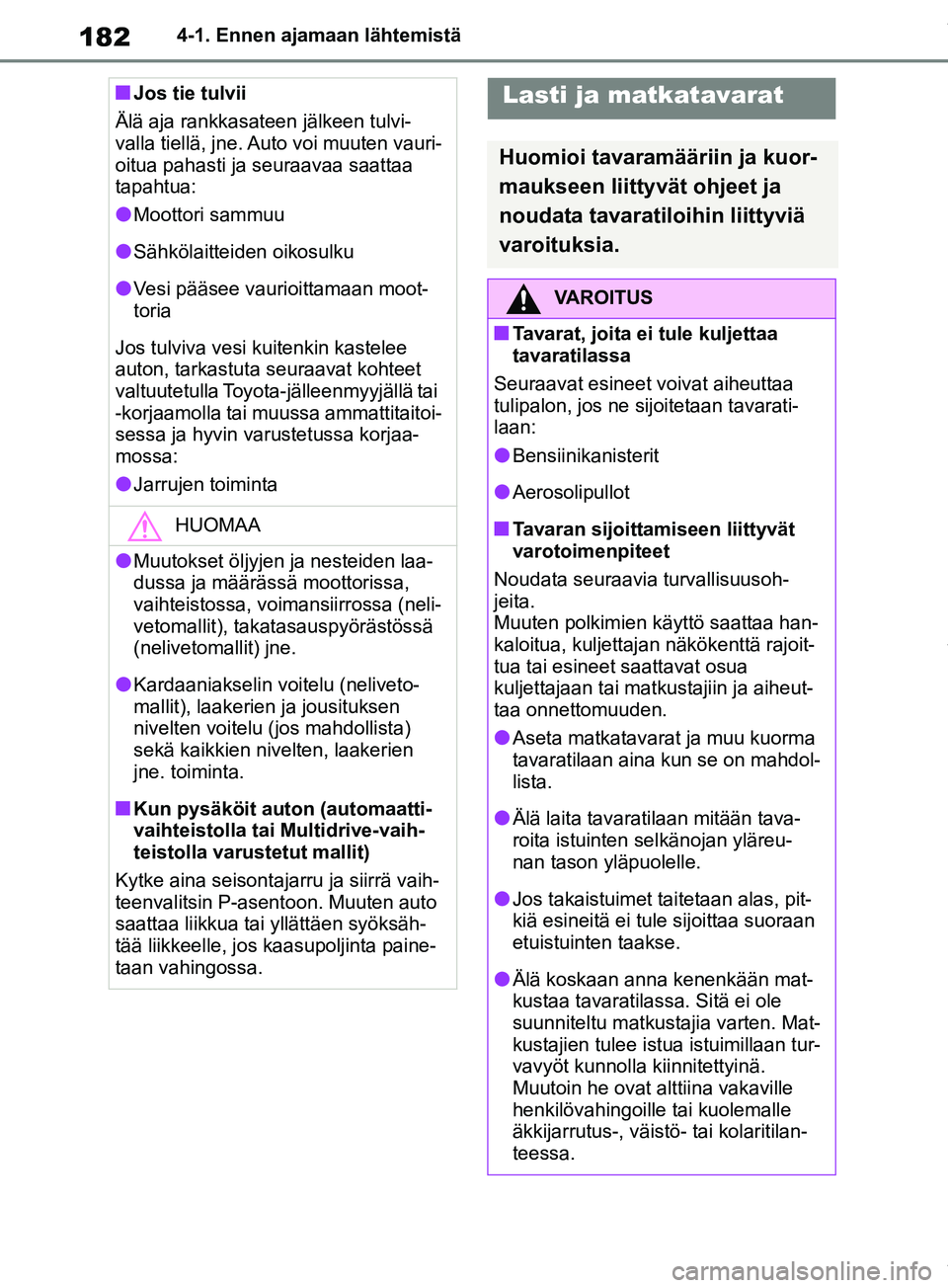 TOYOTA RAV4 2018  Omistajan Käsikirja (in Finnish) 1824-1. Ennen ajamaan lähtemistä
nJos tie tulvii
Älä aja rankkasateen jälkeen tulvi-
valla tiellä, jne. Auto voi muuten vauri-
oitua pahasti ja seuraavaa saattaa 
tapahtua:
lMoottori sammuu
lSä