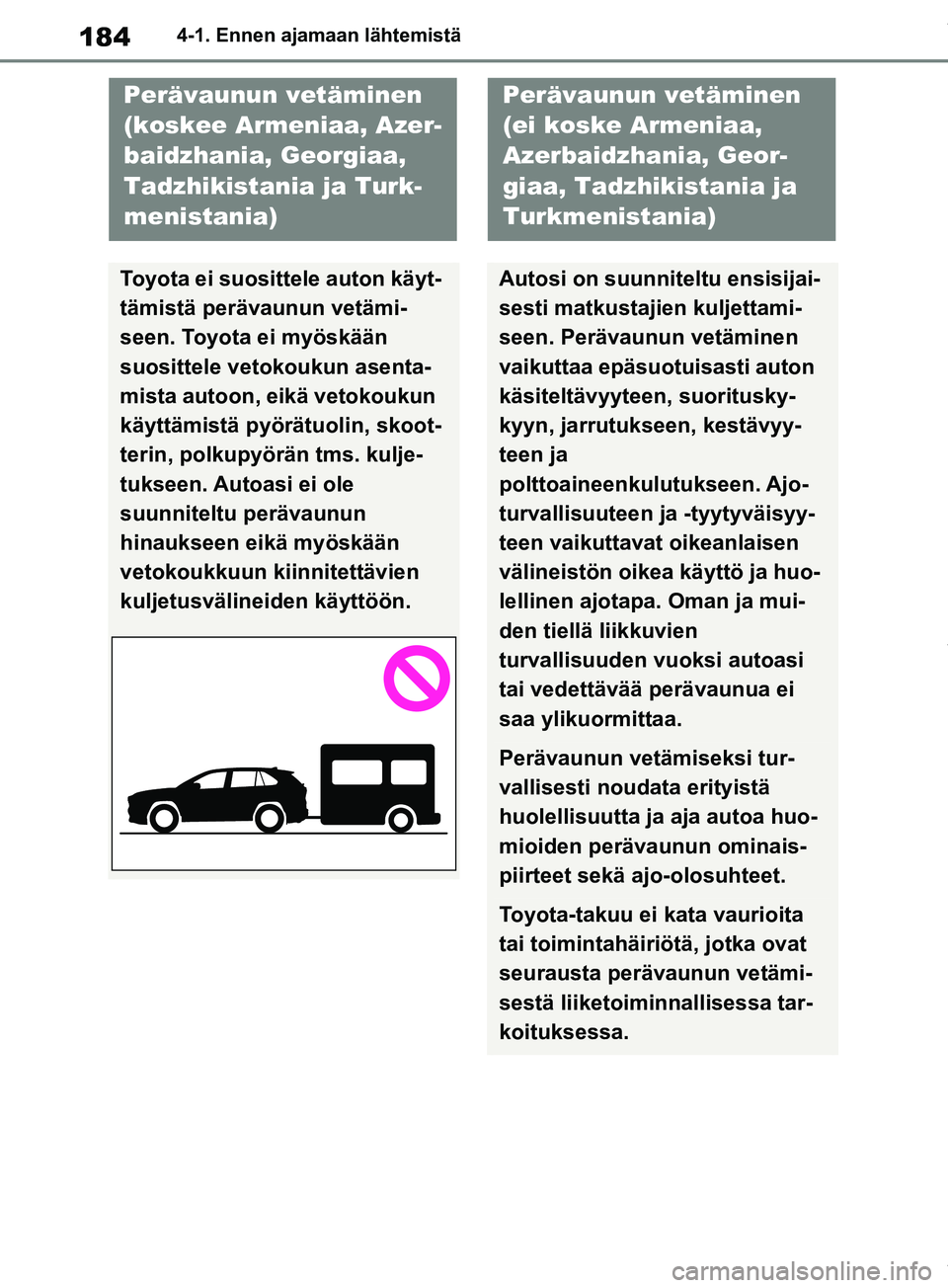 TOYOTA RAV4 2018  Omistajan Käsikirja (in Finnish) 1844-1. Ennen ajamaan lähtemistä
Perävaunun vetäminen 
(koskee Armeniaa, Azer-
baidzhania, Georgiaa, 
Tadzhikistania ja Turk-
menistania)
Toyota ei suosittele auton käyt-
tämistä perävaunun ve
