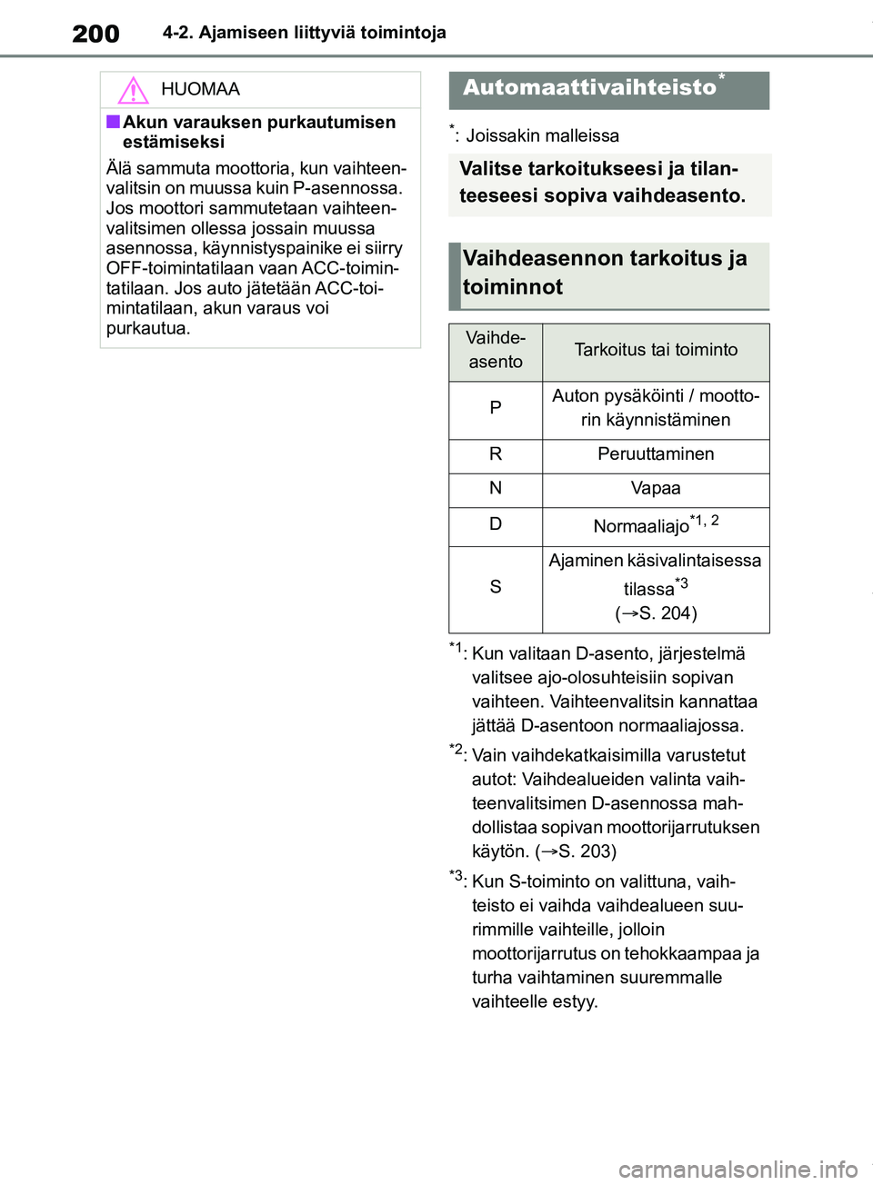 TOYOTA RAV4 2018  Omistajan Käsikirja (in Finnish) 2004-2. Ajamiseen liittyviä toimintoja
*: Joissakin malleissa
*1: Kun valitaan D-asento, järjestelmä valitsee ajo-olosuhteisiin sopivan 
vaihteen. Vaihteenvalitsin kannattaa 
jättää D-asentoon n