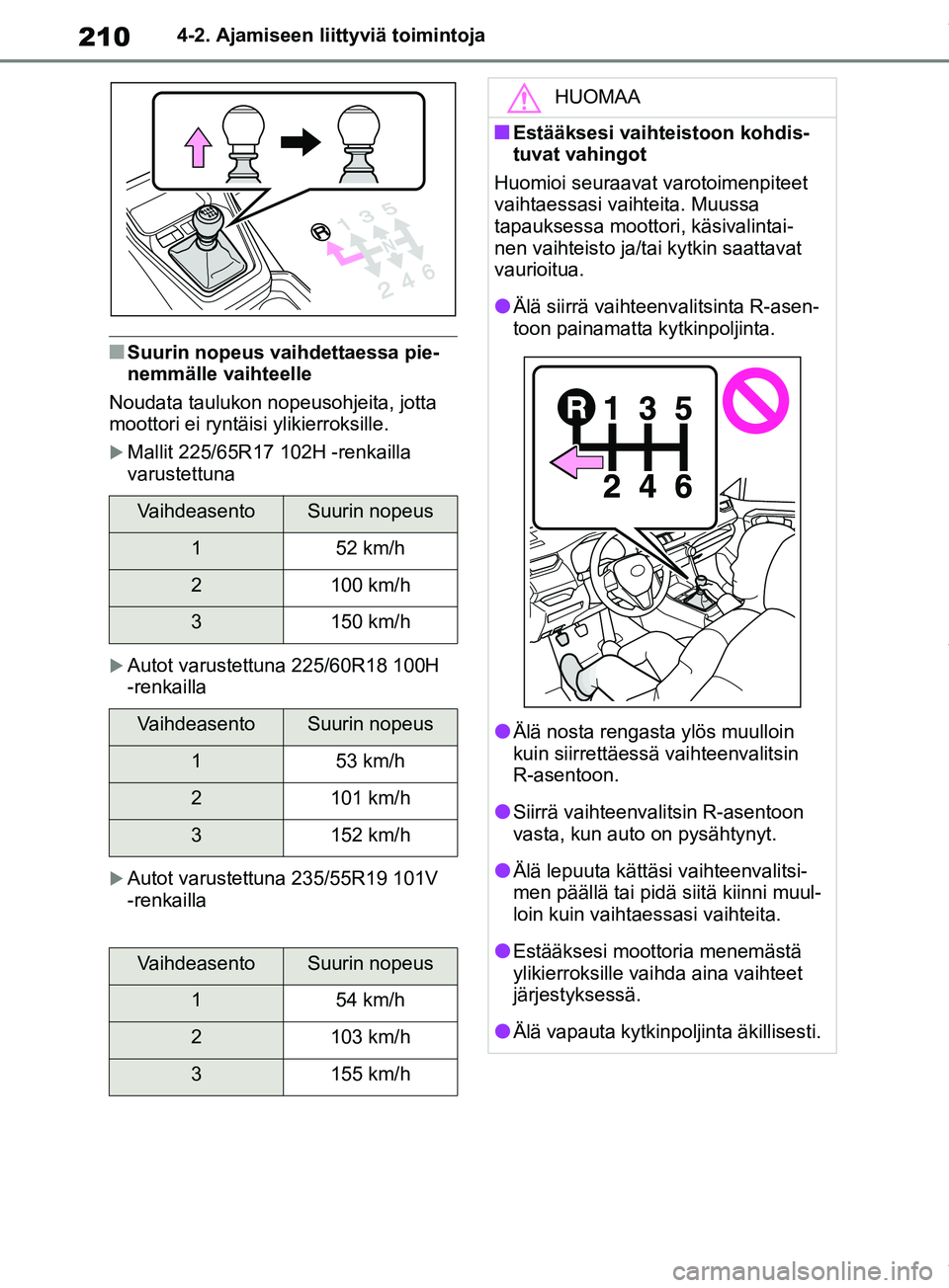 TOYOTA RAV4 2018 Omistajan Käsikirja (in Finnish) 2104-2. Ajamiseen liittyviä toimintoja
nSuurin nopeus vaihdettaessa pie-
nemmälle vaihteelle
Noudata taulukon nopeusohjeita, jotta
moottori ei ryntäisi ylikierroksille.
Mallit 225/65R17 102H -r TOYOTA RAV4 2018 Omistajan Käsikirja (in Finnish) 2104-2. Ajamiseen liittyviä toimintoja
nSuurin nopeus vaihdettaessa pie-
nemmälle vaihteelle
Noudata taulukon nopeusohjeita, jotta
moottori ei ryntäisi ylikierroksille.
Mallit 225/65R17 102H -r