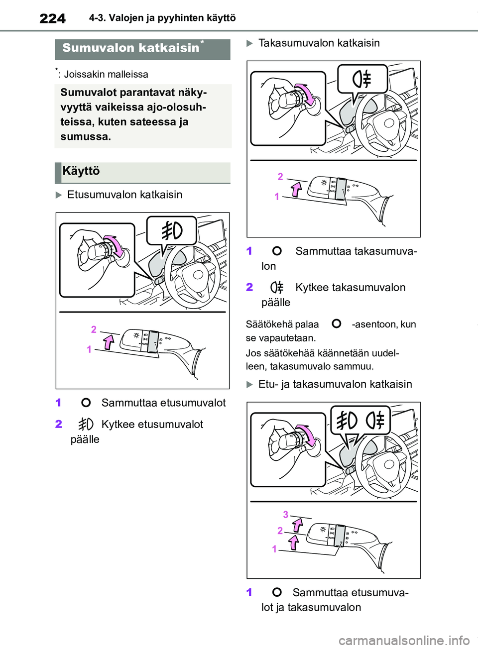 TOYOTA RAV4 2018  Omistajan Käsikirja (in Finnish) 2244-3. Valojen ja pyyhinten käyttö
*: Joissakin malleissa
Etusumuvalon katkaisin
1 Sammuttaa etusumuvalot
2 Kytkee etusumuvalot 
päälle
Takasumuvalon katkaisin
1  Sammuttaa takasumuva-
lon
