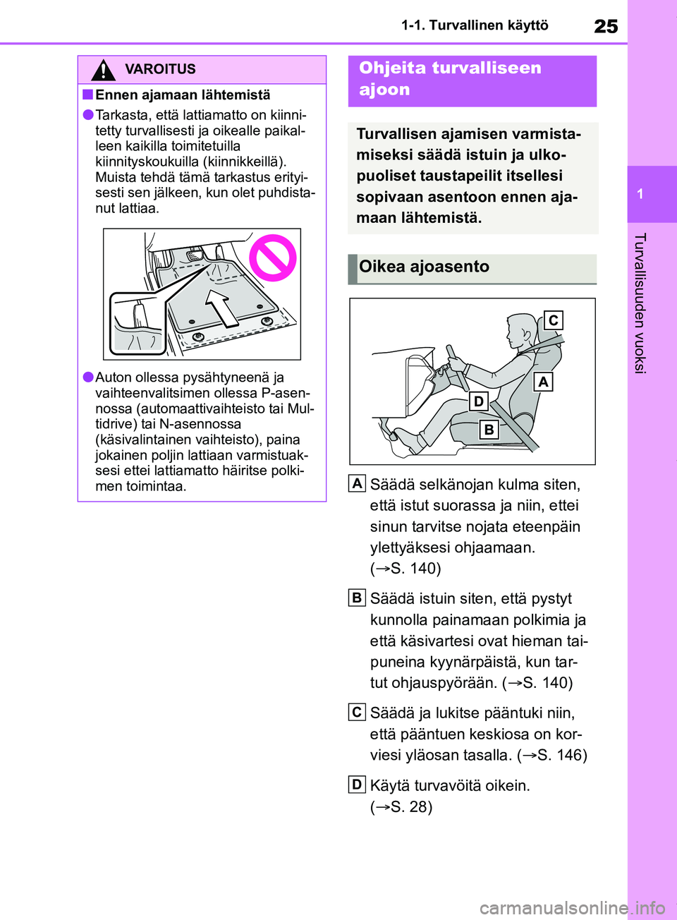 TOYOTA RAV4 2018 Omistajan Käsikirja (in Finnish) 25
1
1-1. Turvallinen käyttö
Turvallisuuden vuoksi
Säädä selkänojan kulma siten,
että istut suorassa ja niin, ettei
sinun tarvitse nojata eteenpäin
ylettyäksesi ohjaamaan.
(
S. 140)
S TOYOTA RAV4 2018 Omistajan Käsikirja (in Finnish) 25
1
1-1. Turvallinen käyttö
Turvallisuuden vuoksi
Säädä selkänojan kulma siten,
että istut suorassa ja niin, ettei
sinun tarvitse nojata eteenpäin
ylettyäksesi ohjaamaan.
(
S. 140)
S