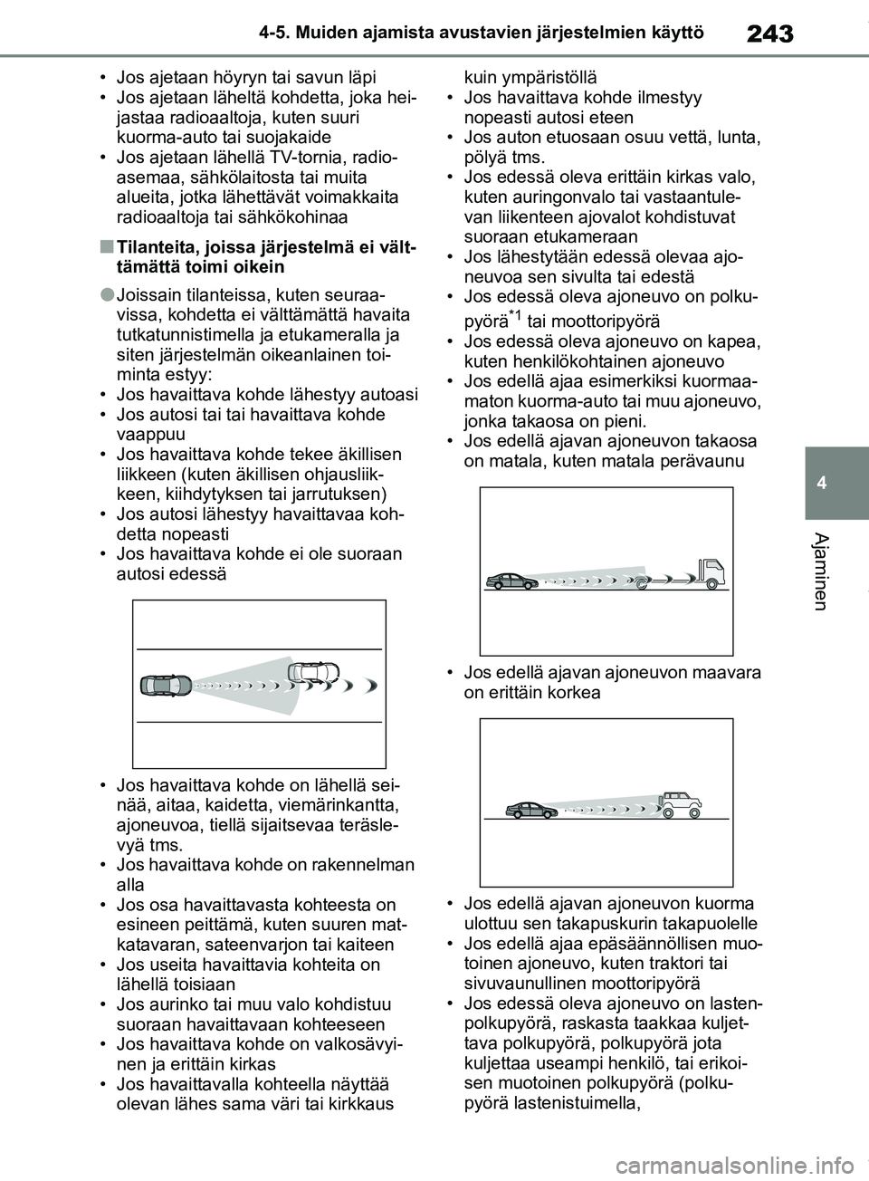TOYOTA RAV4 2018  Omistajan Käsikirja (in Finnish) 243
4
4-5. Muiden ajamista avustavien järjestelmien käyttö
Ajaminen
• Jos ajetaan höyryn tai savun läpi
• Jos ajetaan läheltä kohdetta, joka hei-
jastaa radioaaltoja, kuten suuri 
kuorma-au