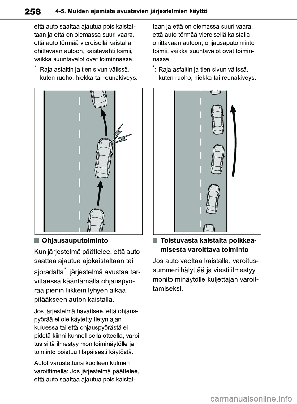 TOYOTA RAV4 2018  Omistajan Käsikirja (in Finnish) 2584-5. Muiden ajamista avustavien järjestelmien käyttö
että auto saattaa ajautua pois kaistal-
taan ja että on olemassa suuri vaara, 
että auto törmää viereisellä kaistalla 
ohittavaan auto