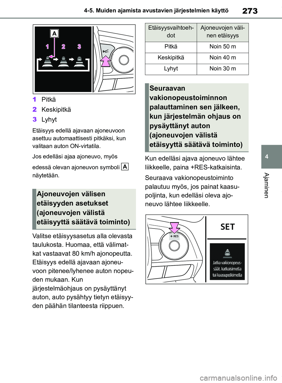 TOYOTA RAV4 2018 Omistajan Käsikirja (in Finnish) 273
4
4-5. Muiden ajamista avustavien järjestelmien käyttö
Ajaminen
1
Pitkä
2 Keskipitkä
3 Lyhyt
Etäisyys edellä aj avaan ajoneuvoon
asettuu automaattisesti pitkäksi, kun
valitaan auton ON-v TOYOTA RAV4 2018 Omistajan Käsikirja (in Finnish) 273
4
4-5. Muiden ajamista avustavien järjestelmien käyttö
Ajaminen
1
Pitkä
2 Keskipitkä
3 Lyhyt
Etäisyys edellä aj avaan ajoneuvoon
asettuu automaattisesti pitkäksi, kun
valitaan auton ON-v