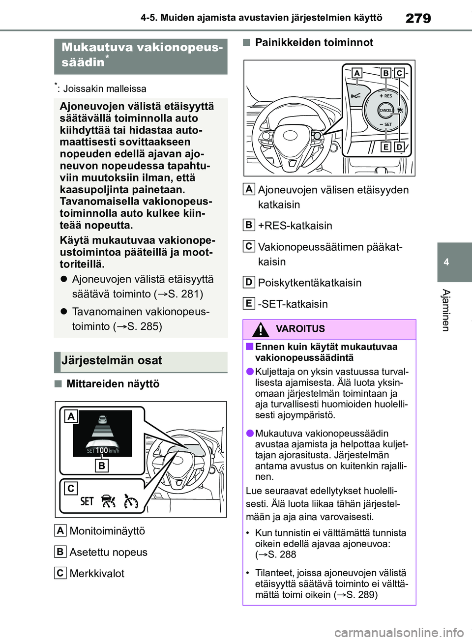 TOYOTA RAV4 2018 Omistajan Käsikirja (in Finnish) 279
4
4-5. Muiden ajamista avustavien järjestelmien käyttö
Ajaminen
*: Joissakin malleissa
nMittareiden näyttö
Monitoiminäyttö
Asetettu nopeus
Merkkivalot
nPainikkeiden toiminnotAjoneuvojen vä TOYOTA RAV4 2018 Omistajan Käsikirja (in Finnish) 279
4
4-5. Muiden ajamista avustavien järjestelmien käyttö
Ajaminen
*: Joissakin malleissa
nMittareiden näyttö
Monitoiminäyttö
Asetettu nopeus
Merkkivalot
nPainikkeiden toiminnotAjoneuvojen vä