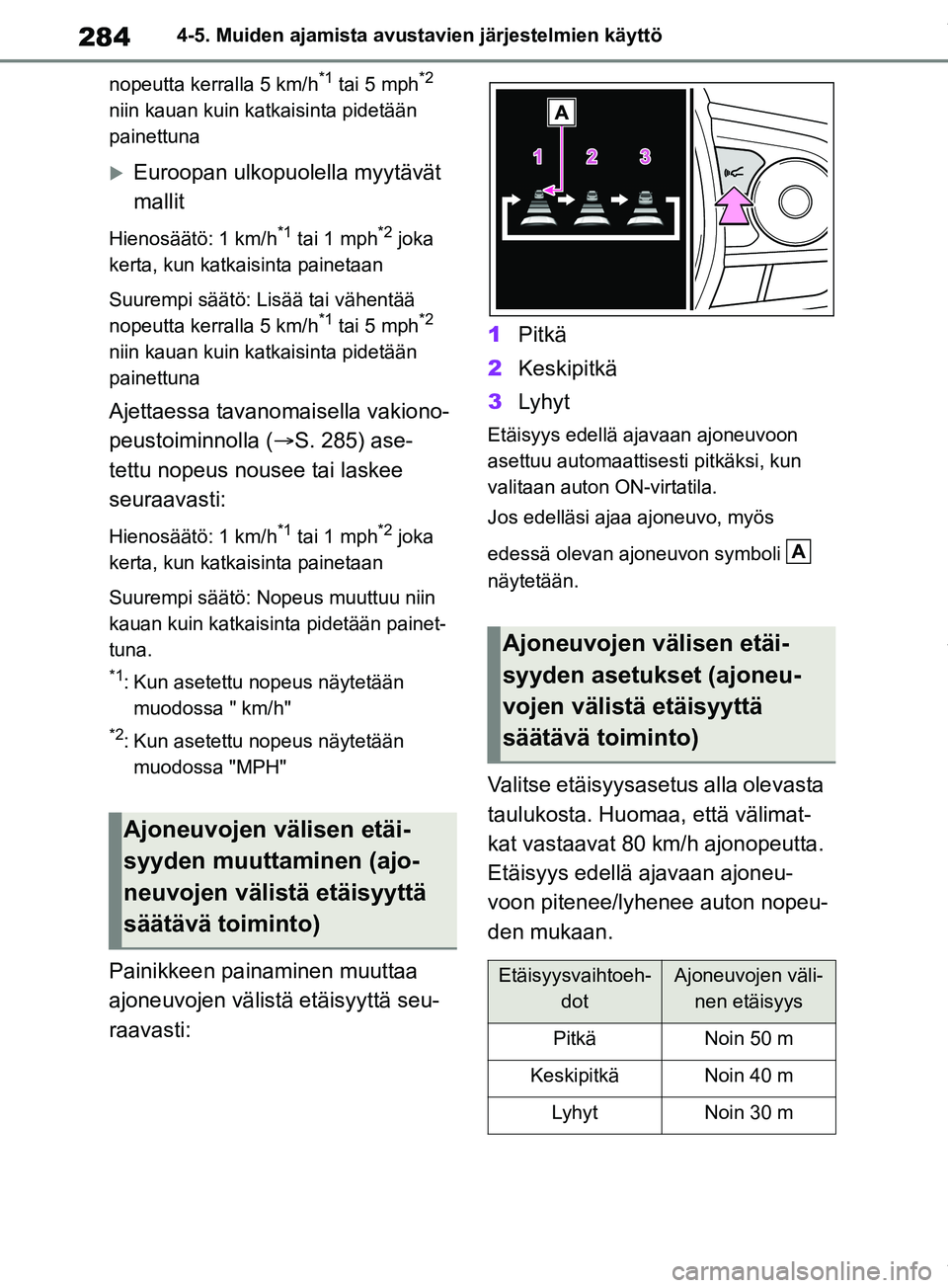 TOYOTA RAV4 2018 Omistajan Käsikirja (in Finnish) 2844-5. Muiden ajamista avustavien järjestelmien käyttö
nopeutta kerralla 5 km/h
*1 tai 5 mph*2
niin kauan kuin katkaisinta pidetään
painettuna
Euroopan ulkopuolella myytävät
mallit
Hieno TOYOTA RAV4 2018 Omistajan Käsikirja (in Finnish) 2844-5. Muiden ajamista avustavien järjestelmien käyttö
nopeutta kerralla 5 km/h
*1 tai 5 mph*2
niin kauan kuin katkaisinta pidetään
painettuna
Euroopan ulkopuolella myytävät
mallit
Hieno
