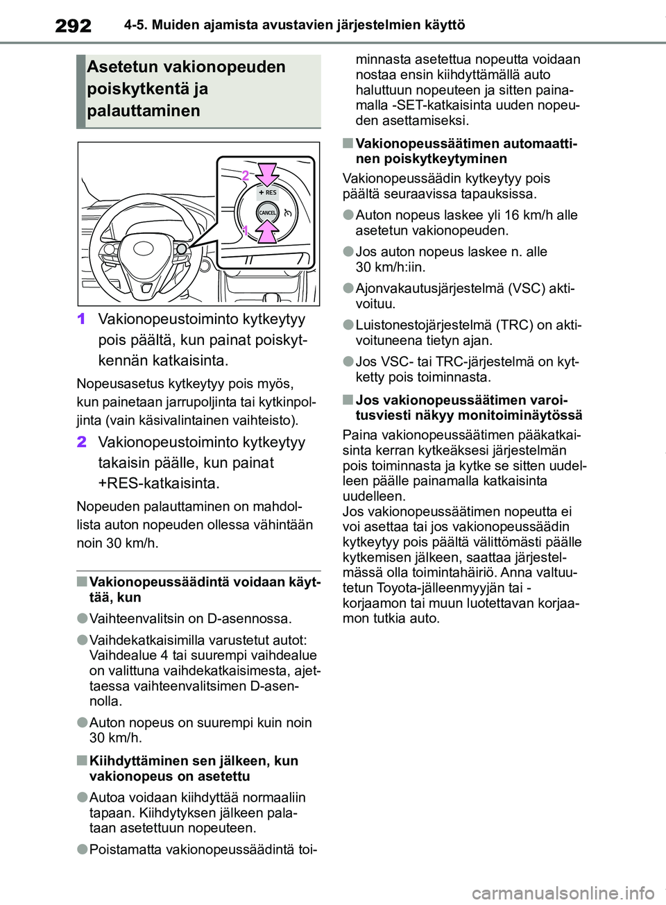 TOYOTA RAV4 2018 Omistajan Käsikirja (in Finnish) 2924-5. Muiden ajamista avustavien järjestelmien käyttö
1Vakionopeustoiminto kytkeytyy
pois päältä, kun painat poiskyt-
kennän katkaisinta.
Nopeusasetus kytkeytyy pois myös,
kun painetaan ja TOYOTA RAV4 2018 Omistajan Käsikirja (in Finnish) 2924-5. Muiden ajamista avustavien järjestelmien käyttö
1Vakionopeustoiminto kytkeytyy
pois päältä, kun painat poiskyt-
kennän katkaisinta.
Nopeusasetus kytkeytyy pois myös,
kun painetaan ja