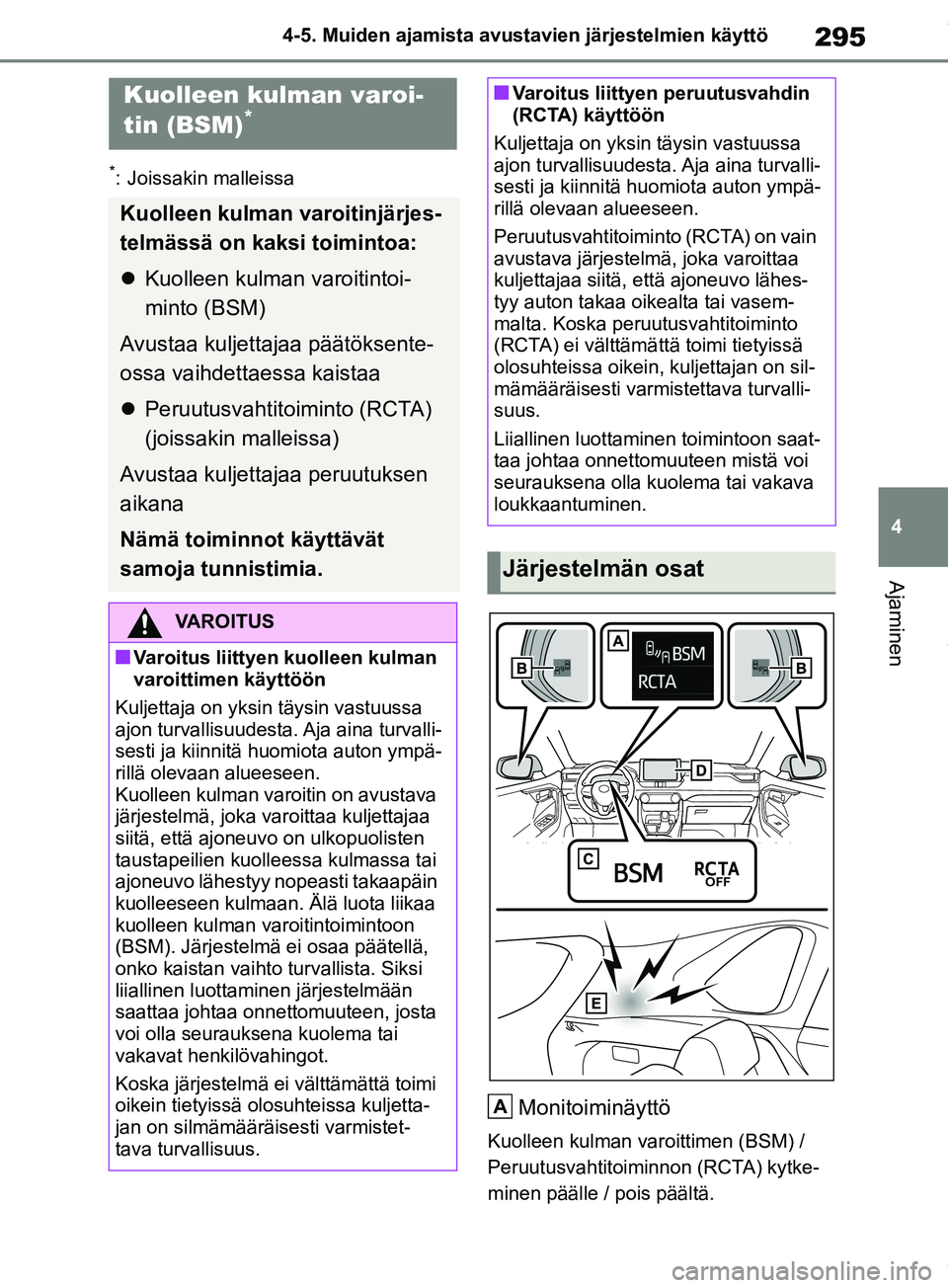 TOYOTA RAV4 2018 Omistajan Käsikirja (in Finnish) 295
4
4-5. Muiden ajamista avustavien järjestelmien käyttö
Ajaminen
*: Joissakin malleissa
Monitoiminäyttö
Kuolleen kulman varoittimen (BSM) /
Peruutusvahtitoiminnon (RCTA) kytke-
minen päälle TOYOTA RAV4 2018 Omistajan Käsikirja (in Finnish) 295
4
4-5. Muiden ajamista avustavien järjestelmien käyttö
Ajaminen
*: Joissakin malleissa
Monitoiminäyttö
Kuolleen kulman varoittimen (BSM) /
Peruutusvahtitoiminnon (RCTA) kytke-
minen päälle