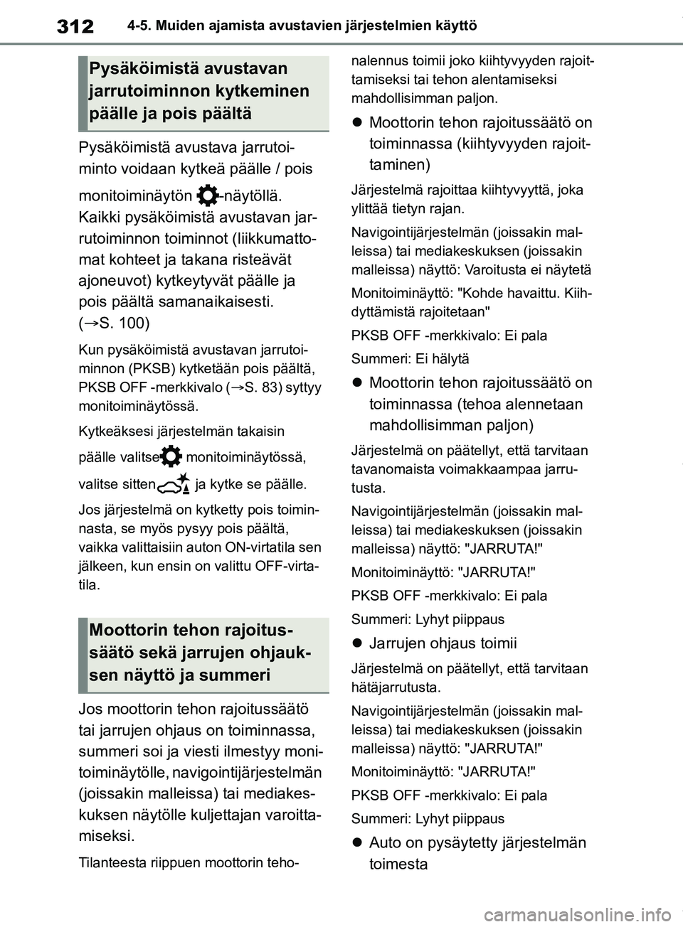 TOYOTA RAV4 2018 Omistajan Käsikirja (in Finnish) 3124-5. Muiden ajamista avustavien järjestelmien käyttö
Pysäköimistä avustava jarrutoi-
minto voidaan kytkeä päälle / pois
monitoiminäytön -näytöllä.
Kaikki pysäköimistä avustavan j TOYOTA RAV4 2018 Omistajan Käsikirja (in Finnish) 3124-5. Muiden ajamista avustavien järjestelmien käyttö
Pysäköimistä avustava jarrutoi-
minto voidaan kytkeä päälle / pois
monitoiminäytön -näytöllä.
Kaikki pysäköimistä avustavan j