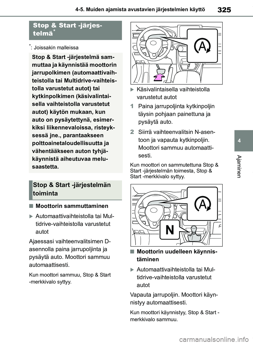 TOYOTA RAV4 2018  Omistajan Käsikirja (in Finnish) 325
4
4-5. Muiden ajamista avustavien järjestelmien käyttö
Ajaminen
*: Joissakin malleissa
nMoottorin sammuttaminen
Automaattivaihte
istolla tai Mul-
tidrive-vaihteistolla varustetut 
autot
Ajae