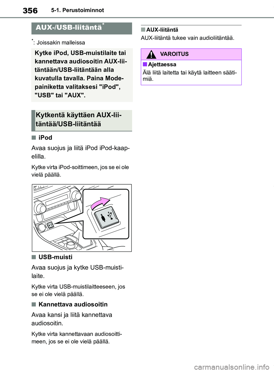 TOYOTA RAV4 2018 Omistajan Käsikirja (in Finnish) 3565-1. Perustoiminnot
*: Joissakin malleissa
niPod
Avaa suojus ja liitä iPod iPod-kaap-
elilla.
Kytke virta iPod-soittimeen, jos se ei ole
vielä päällä.
nUSB-muisti
Avaa suojus ja kytke USB-mui TOYOTA RAV4 2018 Omistajan Käsikirja (in Finnish) 3565-1. Perustoiminnot
*: Joissakin malleissa
niPod
Avaa suojus ja liitä iPod iPod-kaap-
elilla.
Kytke virta iPod-soittimeen, jos se ei ole
vielä päällä.
nUSB-muisti
Avaa suojus ja kytke USB-mui