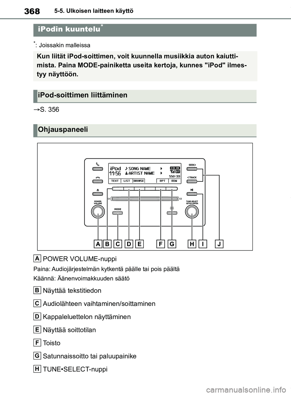 TOYOTA RAV4 2018  Omistajan Käsikirja (in Finnish) 3685-5. Ulkoisen laitteen käyttö
5-5.Ulkoisen laitteen käyttö
*: Joissakin malleissa
S. 356
POWER VOLUME-nuppi
Paina: Audiojärjestelmän kytkentä päälle tai pois päältä
Käännä: Ääne