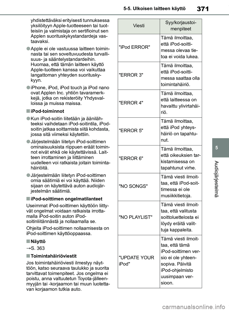 TOYOTA RAV4 2018 Omistajan Käsikirja (in Finnish) 371
5
5-5. Ulkoisen laitteen käyttö
Audiojärjestelmä
yhdistettäväksi
erityisesti tunnuksessa
yksilöityyn Apple-tuotteeseen tai tuot-
teisiin ja valmistaja on sertifioinut sen
Applen suoritus TOYOTA RAV4 2018 Omistajan Käsikirja (in Finnish) 371
5
5-5. Ulkoisen laitteen käyttö
Audiojärjestelmä
yhdistettäväksi
erityisesti tunnuksessa
yksilöityyn Apple-tuotteeseen tai tuot-
teisiin ja valmistaja on sertifioinut sen
Applen suoritus