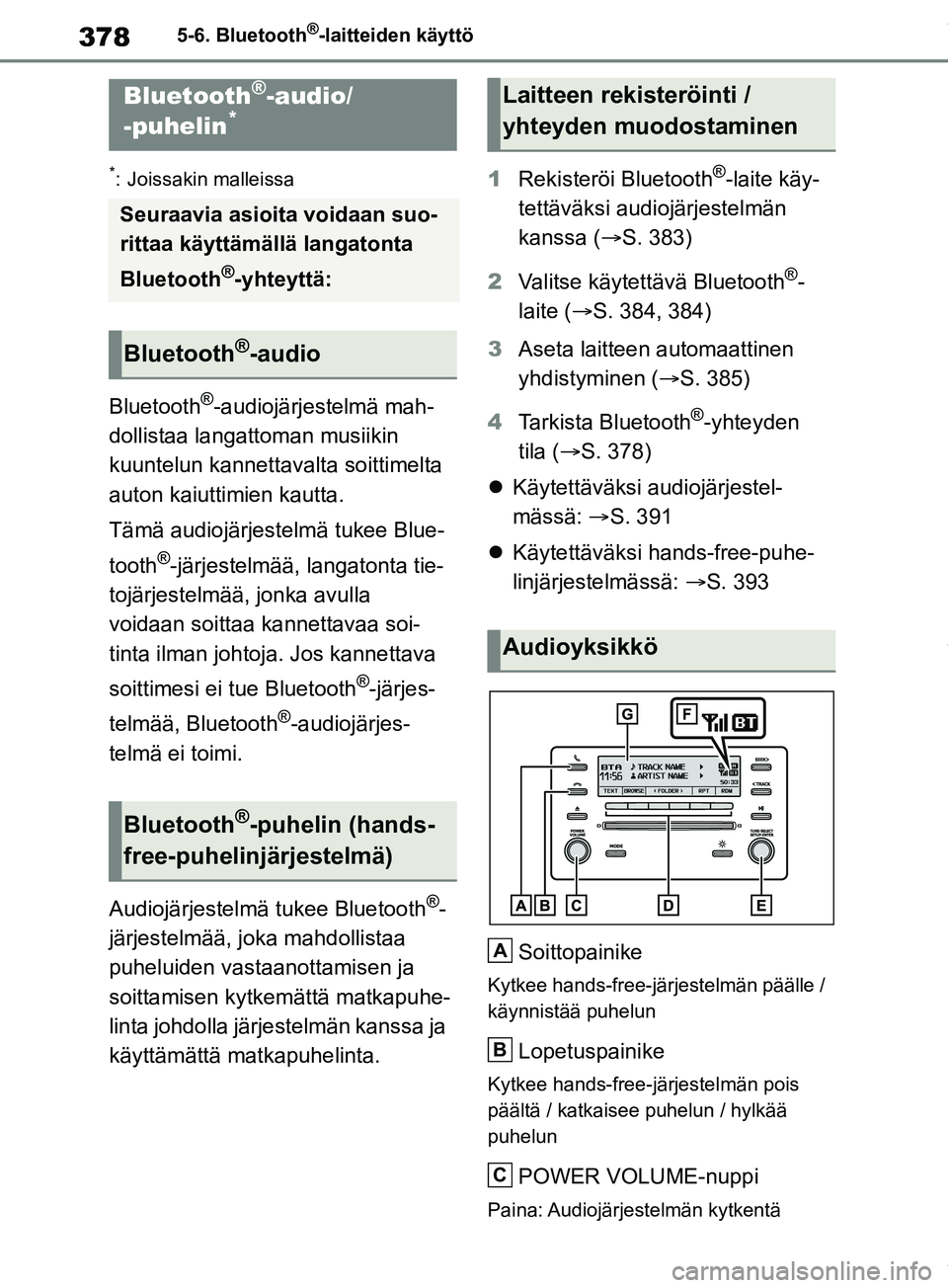 TOYOTA RAV4 2018 Omistajan Käsikirja (in Finnish) 3785-6. Bluetooth®-laitteiden käyttö
5-6.Bluetooth®-laitteiden käyttö
*: Joissakin malleissa
Bluetooth®-audiojärjestelmä mah-
dollistaa langattoman musiikin
kuuntelun kannettavalta soittimel TOYOTA RAV4 2018 Omistajan Käsikirja (in Finnish) 3785-6. Bluetooth®-laitteiden käyttö
5-6.Bluetooth®-laitteiden käyttö
*: Joissakin malleissa
Bluetooth®-audiojärjestelmä mah-
dollistaa langattoman musiikin
kuuntelun kannettavalta soittimel