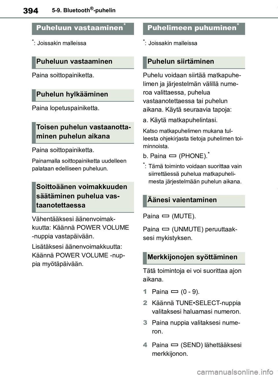 TOYOTA RAV4 2018 Omistajan Käsikirja (in Finnish) 3945-9. Bluetooth®-puhelin
*: Joissakin malleissa
Paina soittopainiketta.
Paina lopetuspainiketta.
Paina soitto painiketta.
Painamalla soittopainiketta uudelleen
palataan edelliseen puheluun.
Vähen TOYOTA RAV4 2018 Omistajan Käsikirja (in Finnish) 3945-9. Bluetooth®-puhelin
*: Joissakin malleissa
Paina soittopainiketta.
Paina lopetuspainiketta.
Paina soitto painiketta.
Painamalla soittopainiketta uudelleen
palataan edelliseen puheluun.
Vähen