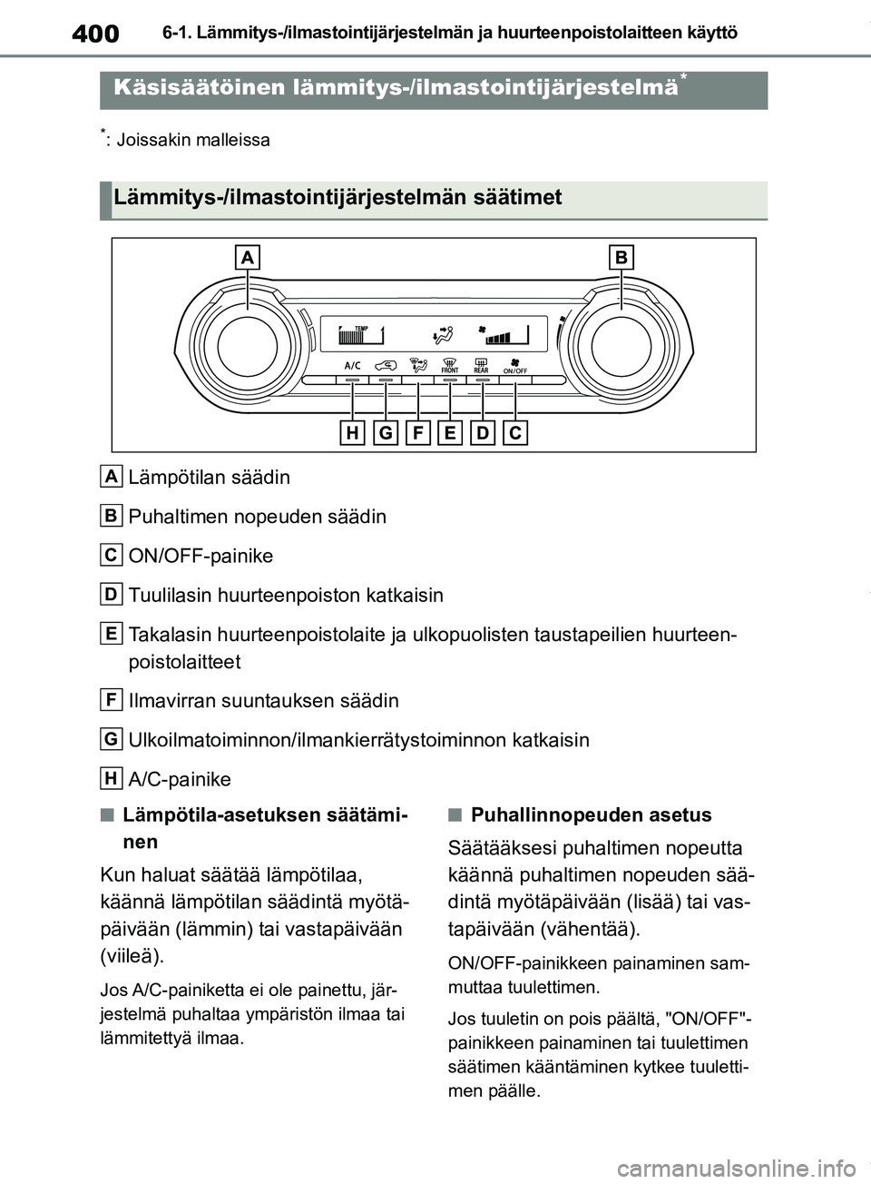 TOYOTA RAV4 2018 Omistajan Käsikirja (in Finnish) 4006-1. Lämmitys-/ilmastointijärjestelmän ja huurteenpoistolaitteen käyttö
6-1.Lämmitys-/ilmastointijärjestelmän ja huurteenpoistolaitteen käyttö
*: Joissakin malleissa
Lämpötilan säädin TOYOTA RAV4 2018 Omistajan Käsikirja (in Finnish) 4006-1. Lämmitys-/ilmastointijärjestelmän ja huurteenpoistolaitteen käyttö
6-1.Lämmitys-/ilmastointijärjestelmän ja huurteenpoistolaitteen käyttö
*: Joissakin malleissa
Lämpötilan säädin