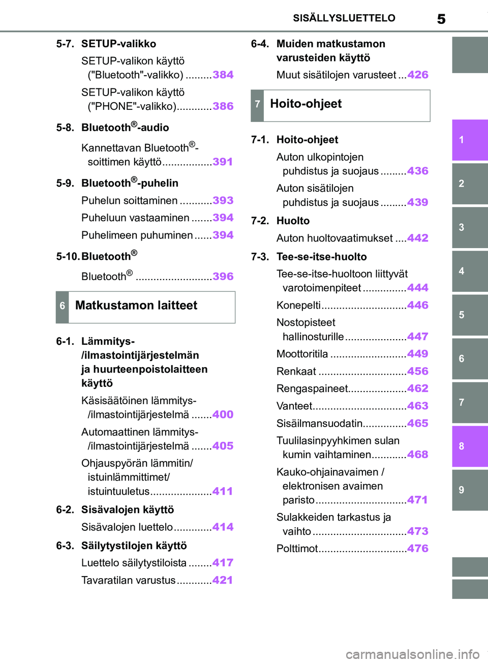 TOYOTA RAV4 2018  Omistajan Käsikirja (in Finnish) 5SISÄLLYSLUETTELO
1
6 5
4
3
2
8
7
9
5-7. SETUP-valikkoSETUP-valikon käyttö ("Bluetooth"-valikko) ......... 384
SETUP-valikon käyttö  ("PHONE"-valikko) ............ 386
5-8. Bluetooth
®-audio
Kan