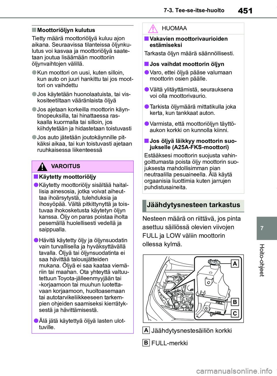 TOYOTA RAV4 2018 Omistajan Käsikirja (in Finnish) 451
7
7-3. Tee-se-itse-huolto
Hoito-ohjeet
nMoottoriöljy
n kulutus
Tietty määrä moottoriöljyä kuluu ajon
aikana. Seuraavissa tilanteissa öljynku-
lutus voi kasvaa ja moottoriöljyä saate-
taa TOYOTA RAV4 2018 Omistajan Käsikirja (in Finnish) 451
7
7-3. Tee-se-itse-huolto
Hoito-ohjeet
nMoottoriöljy
n kulutus
Tietty määrä moottoriöljyä kuluu ajon
aikana. Seuraavissa tilanteissa öljynku-
lutus voi kasvaa ja moottoriöljyä saate-
taa