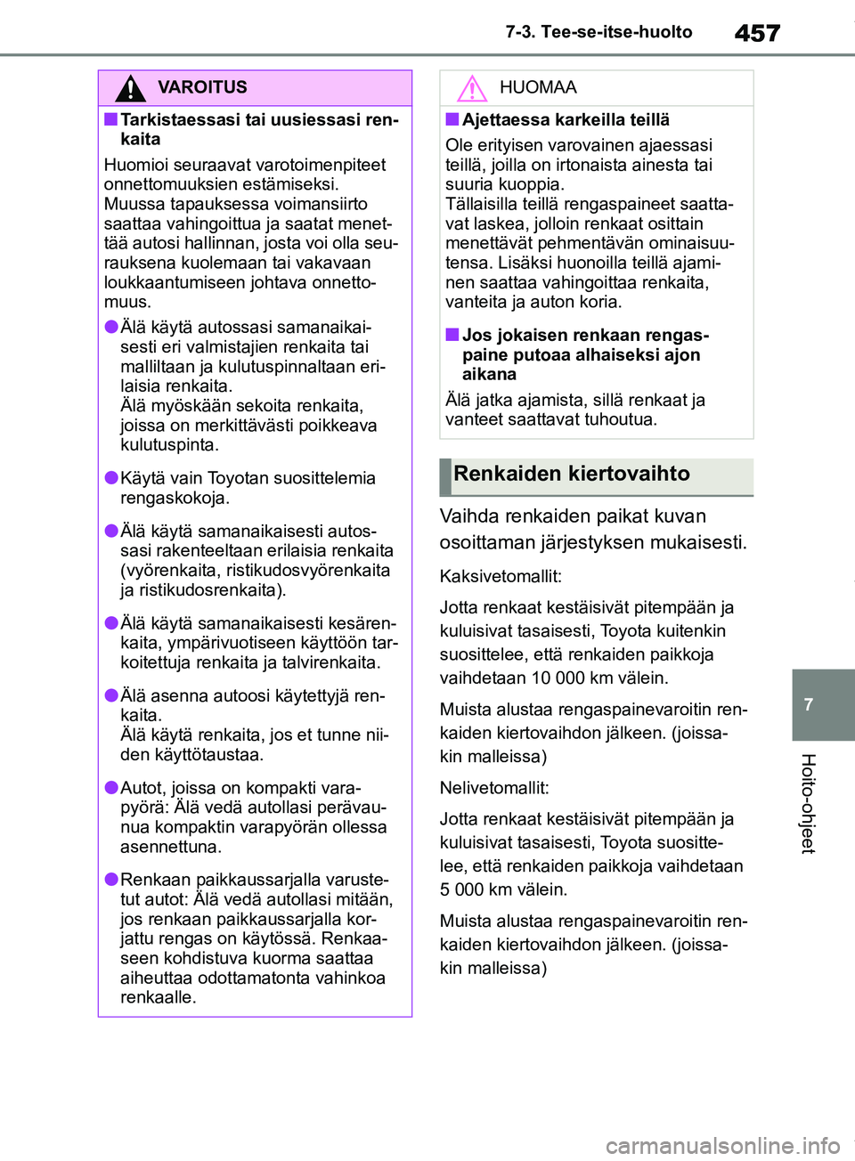 TOYOTA RAV4 2018 Omistajan Käsikirja (in Finnish) 457
7
7-3. Tee-se-itse-huolto
Hoito-ohjeet
Vaihda renkaiden paikat kuvan
osoittaman järjestyksen mukaisesti.
Kaksivetomallit:
Jotta renkaat kestäisivät pitempään ja
kuluisivat tasaisesti, Toyot TOYOTA RAV4 2018 Omistajan Käsikirja (in Finnish) 457
7
7-3. Tee-se-itse-huolto
Hoito-ohjeet
Vaihda renkaiden paikat kuvan
osoittaman järjestyksen mukaisesti.
Kaksivetomallit:
Jotta renkaat kestäisivät pitempään ja
kuluisivat tasaisesti, Toyot