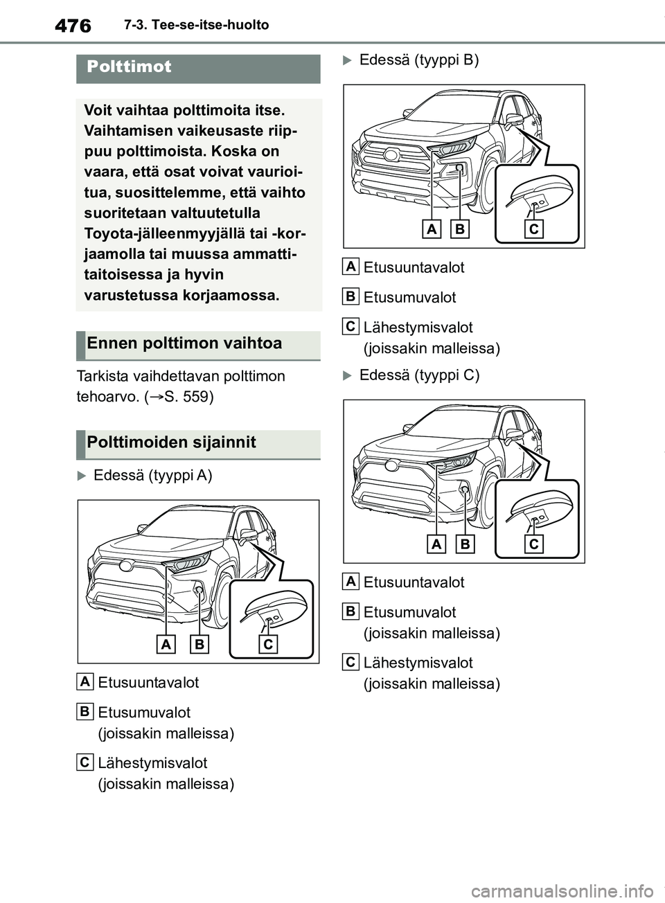 TOYOTA RAV4 2018  Omistajan Käsikirja (in Finnish) 4767-3. Tee-se-itse-huolto
Tarkista vaihdettavan polttimon 
tehoarvo. (S. 559)
Edessä  (tyyppi A)
Etusuuntavalot
Etusumuvalot 
(joissakin malleissa)
Lähestymisvalot 
(joissakin malleissa)
E