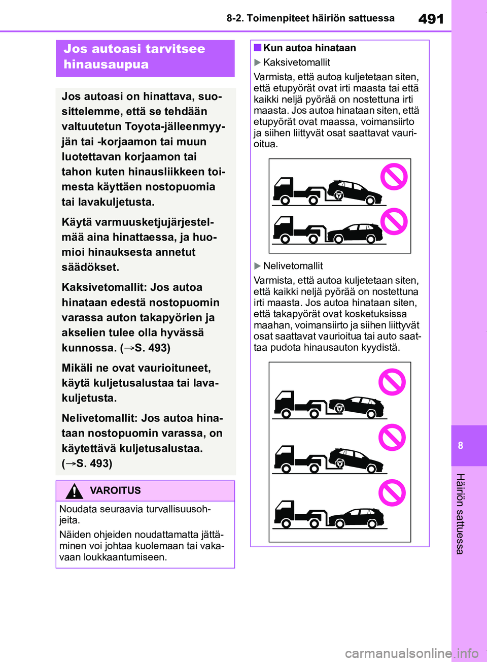 TOYOTA RAV4 2018 Omistajan Käsikirja (in Finnish) 491
8
8-2. Toimenpiteet häiriön sattuessa
Häiriön sattuessa
8-2.Toimenpiteet häiriön sattuessa
Jos autoasi tarvitsee
hinausaupua
Jos autoasi on hinattava, suo-
sittelemme, että se tehdään
v TOYOTA RAV4 2018 Omistajan Käsikirja (in Finnish) 491
8
8-2. Toimenpiteet häiriön sattuessa
Häiriön sattuessa
8-2.Toimenpiteet häiriön sattuessa
Jos autoasi tarvitsee
hinausaupua
Jos autoasi on hinattava, suo-
sittelemme, että se tehdään
v