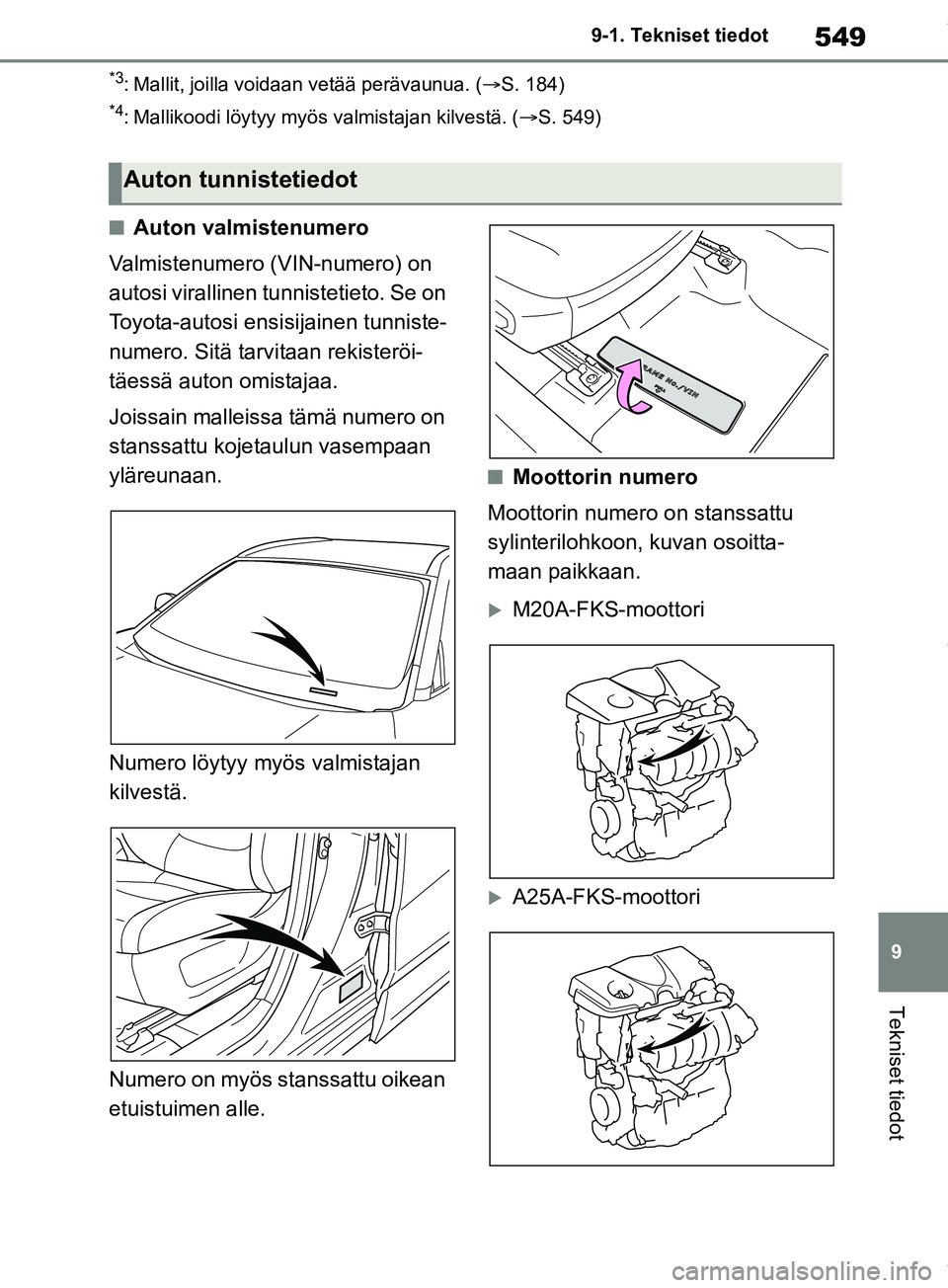 TOYOTA RAV4 2018  Omistajan Käsikirja (in Finnish) 549
9
9-1. Tekniset tiedot
Tekniset tiedot
*3: Mallit, joilla voidaan vetää perävaunua. (
S. 184)
*4: Mallikoodi löytyy myös valmistajan kilvestä. ( S. 549)
nAuton valmistenumero
Valmisten